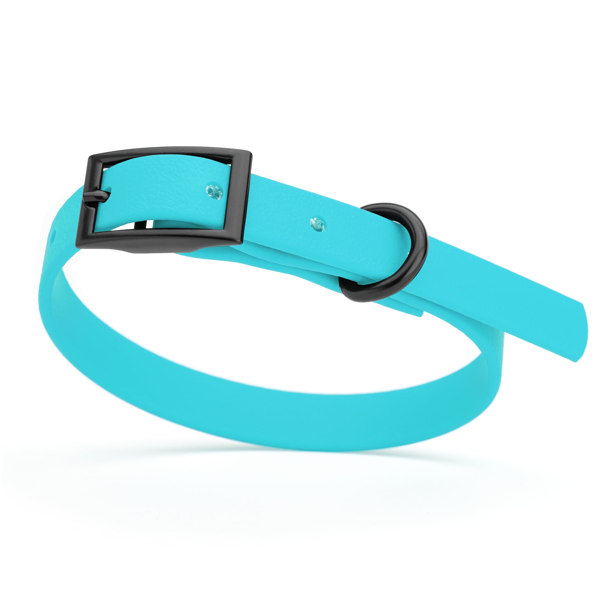 Sky Blue dog collar with black buckle and D-ring, made from waterproof Biothane, x-small