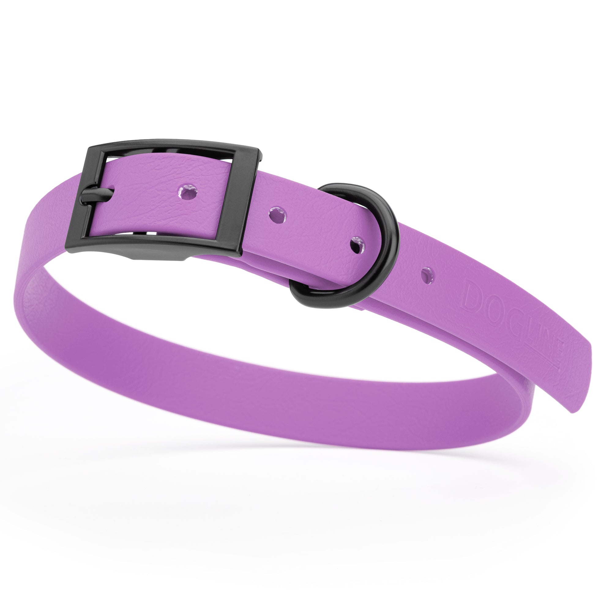 Amethyst Purple waterproof dog collar with black metal buckle and D-ring, made from BioThane, fits medium dogs