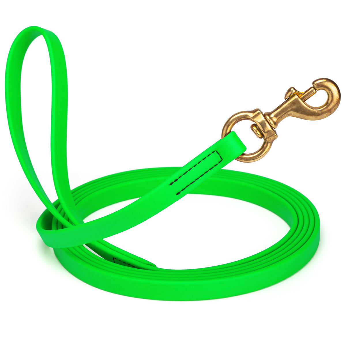 Tropical Green waterproof dog leash, 20 ft long, 5/8 in wide, made from Biothane with brass hardware