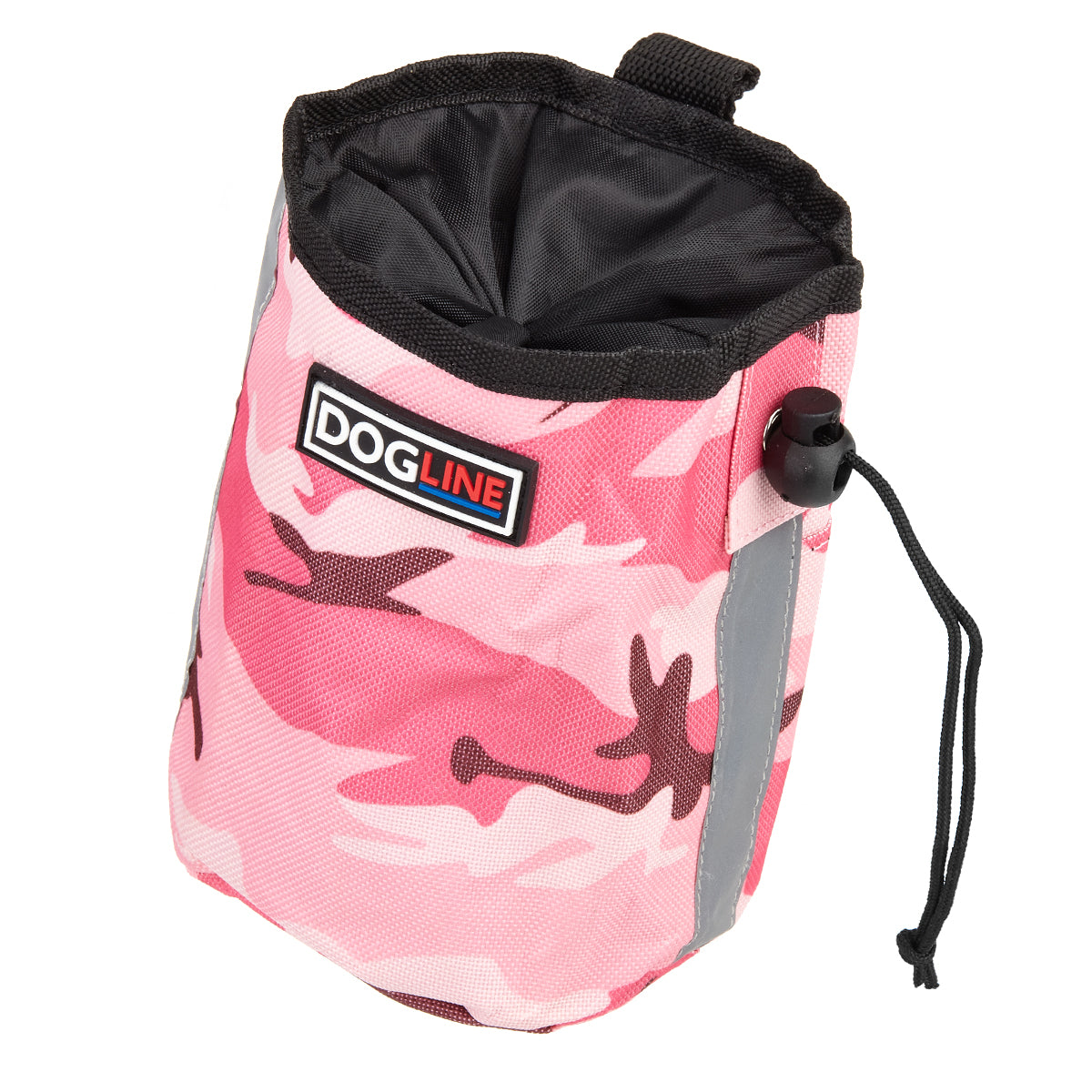 Pink Camo dog treat pouch with drawstring, reflective strip and waste bag dispenser
