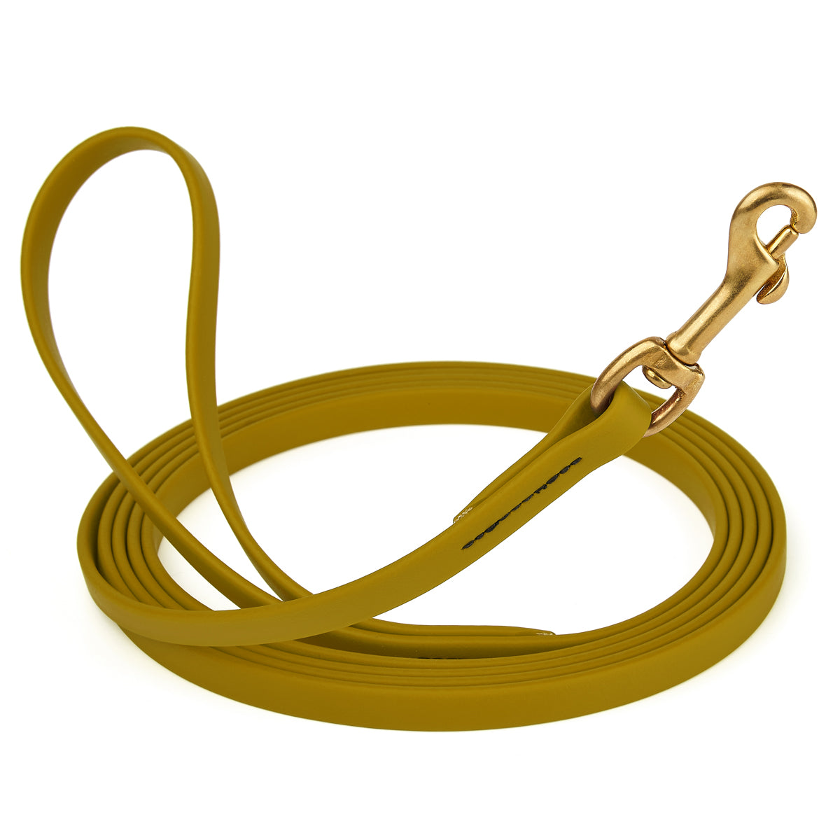 Treasure Gold Biothane dog leash with brass swivel snap hook, 1/2 inch wide, 33 feet long