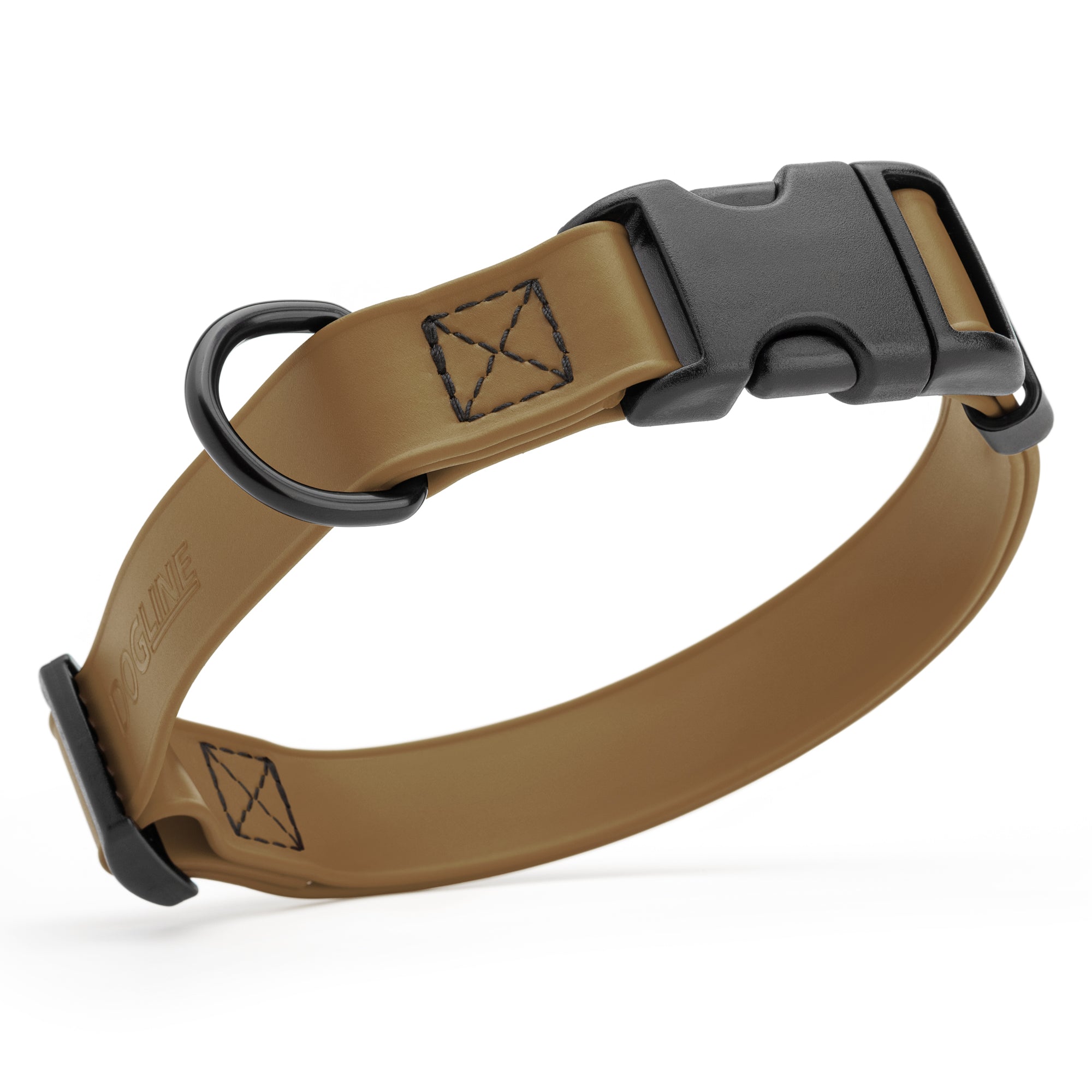Coyote Brown waterproof dog collar made from Biothane with black quick release buckle and D-ring, adjustable
