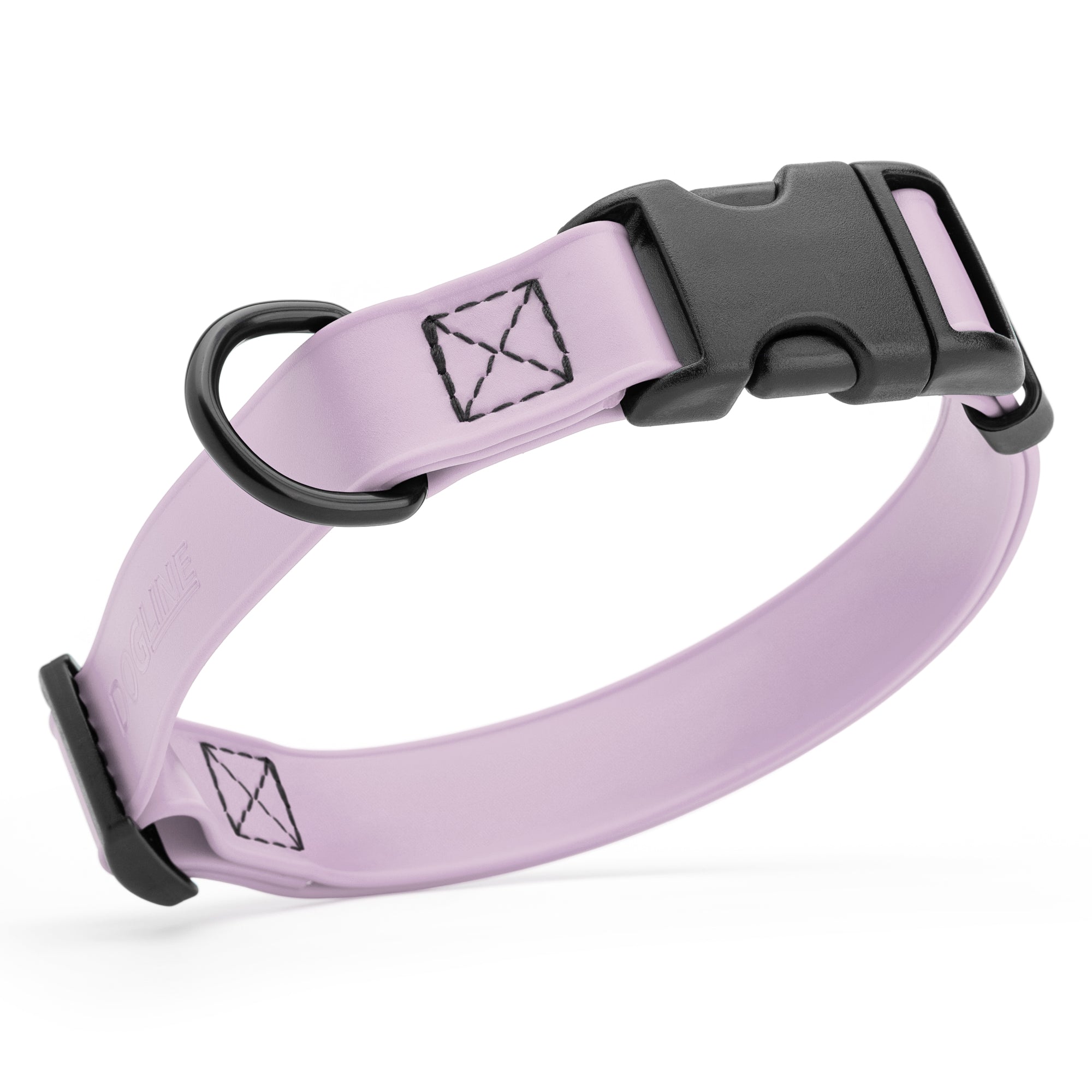 Pastel purple waterproof dog collar made from Biothane with black quick release buckle and D-ring, adjustable