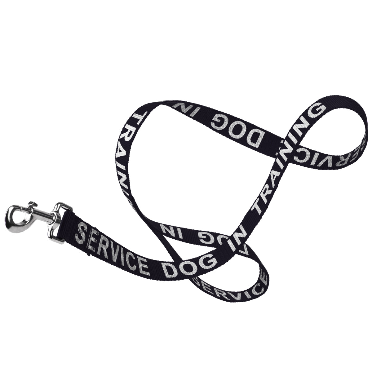 Black nylon dog leash with Service Dog in Training lettering reflective text