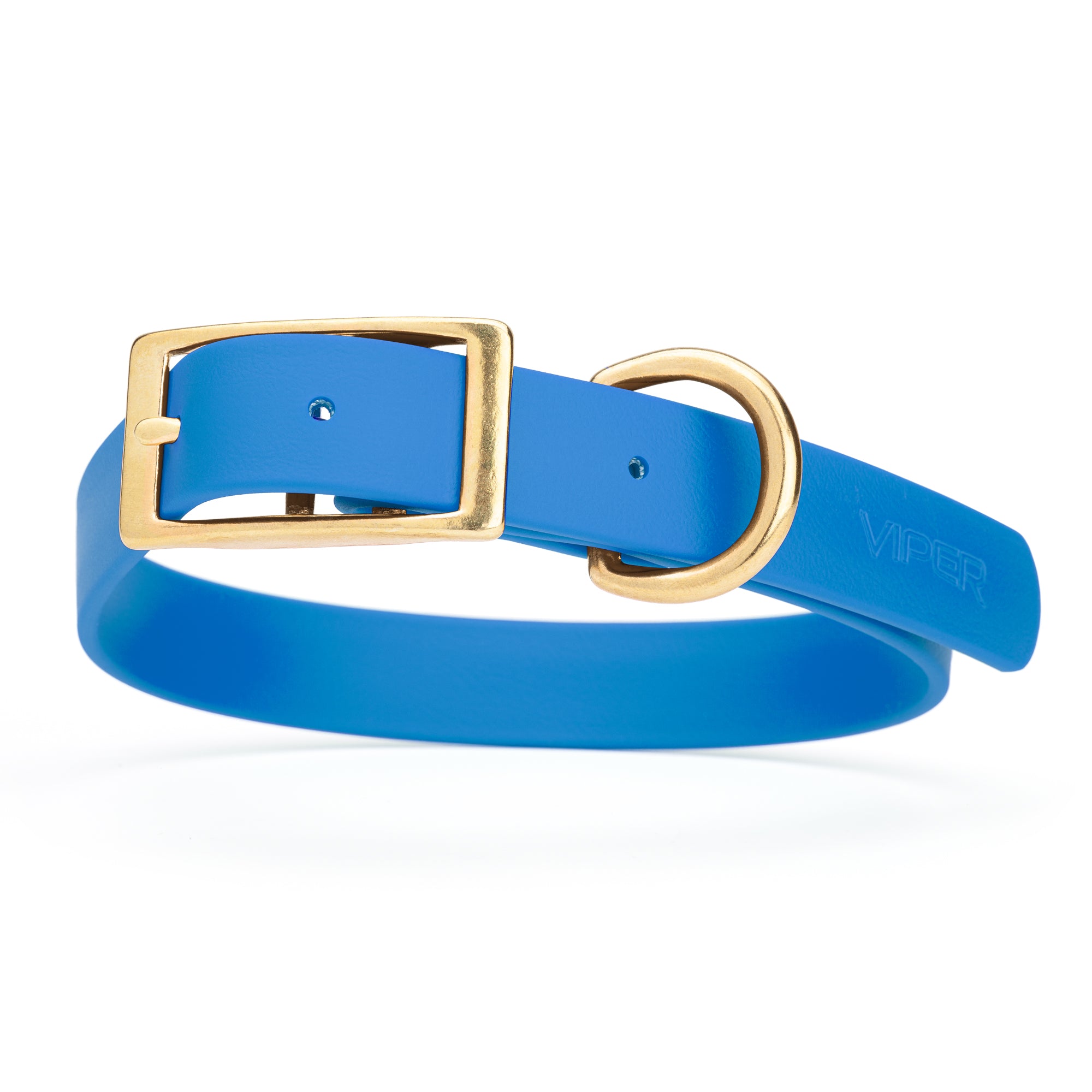 Cerulean Blue dog collar with brass buckle and D-ring, made from waterproof Biothane, 1-inch wide, fits medium and large dogs
