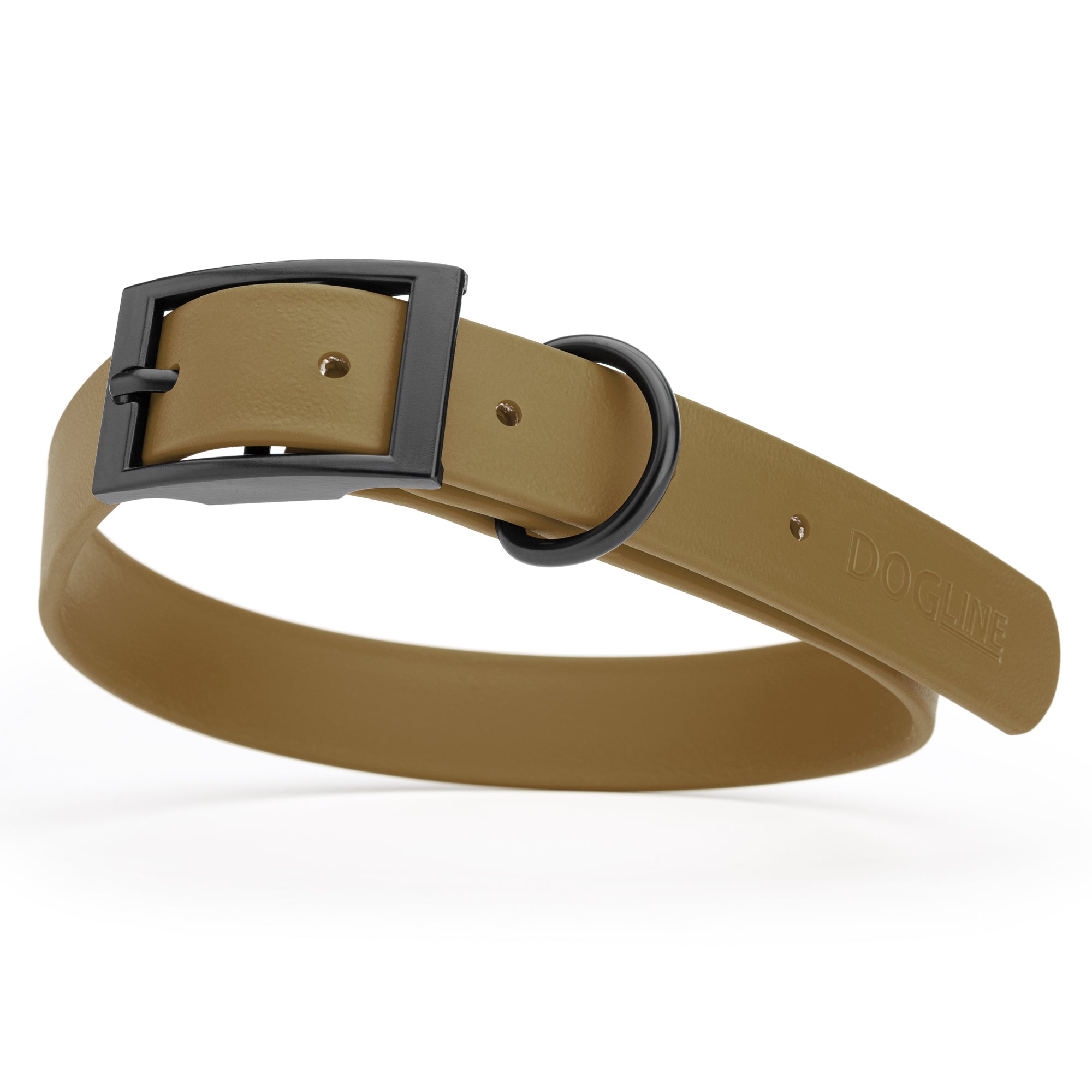 Waterproof Coyote Brown dog collar with black metal buckle and D-ring, made from Biothane, width: 1 inch, large