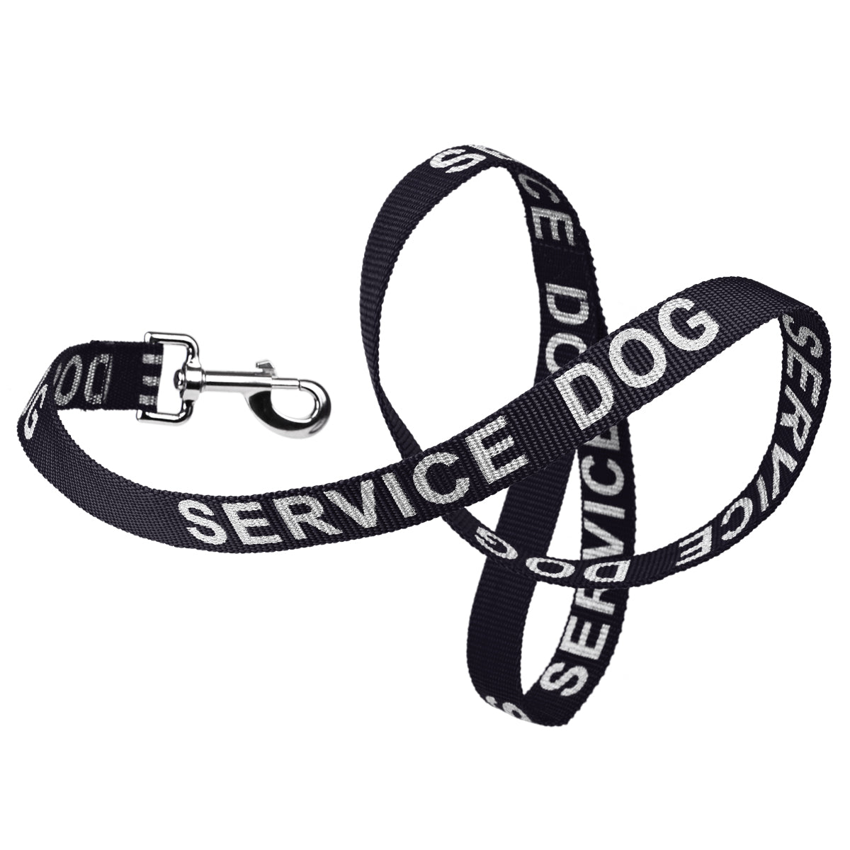 Black nylon dog leash with Service Dog lettering reflective text