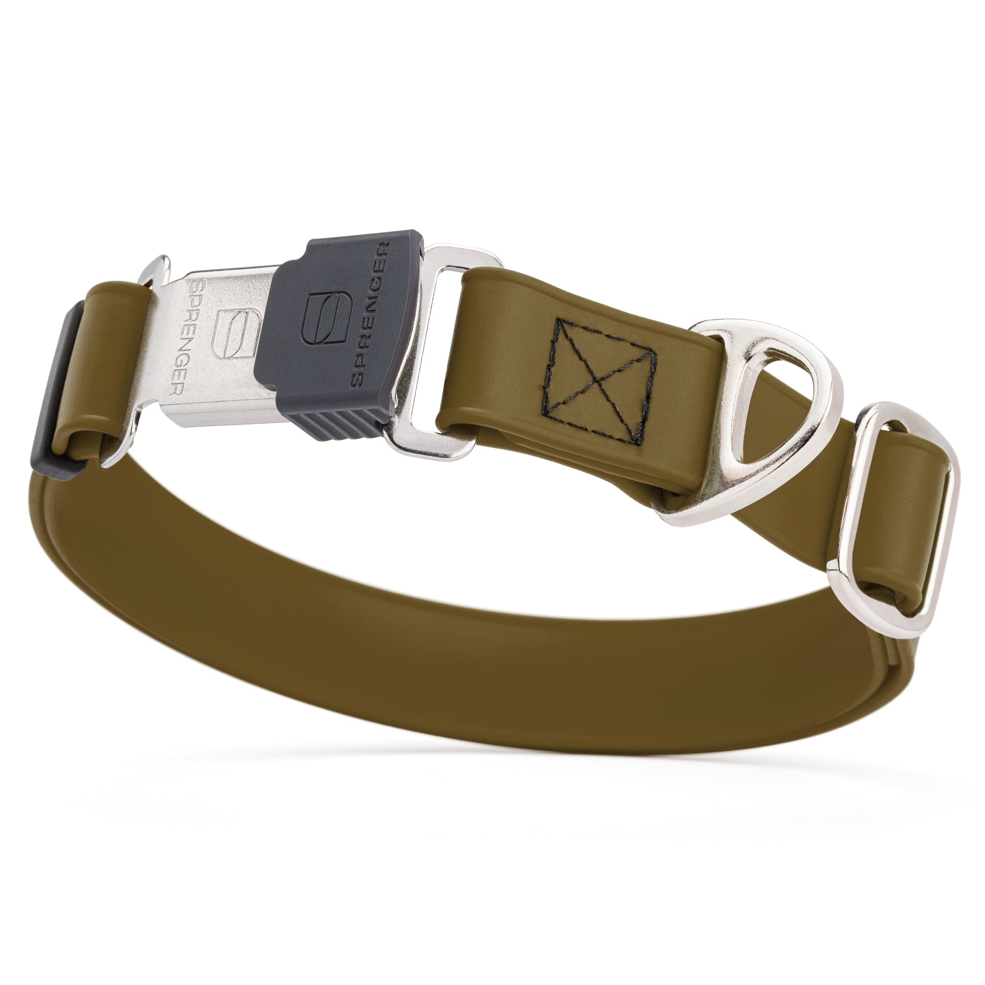 Coyote brown dog collar with stainless steel Herm Sprenger buckle and metal D-ring, made from waterproof Biothane, adjustable