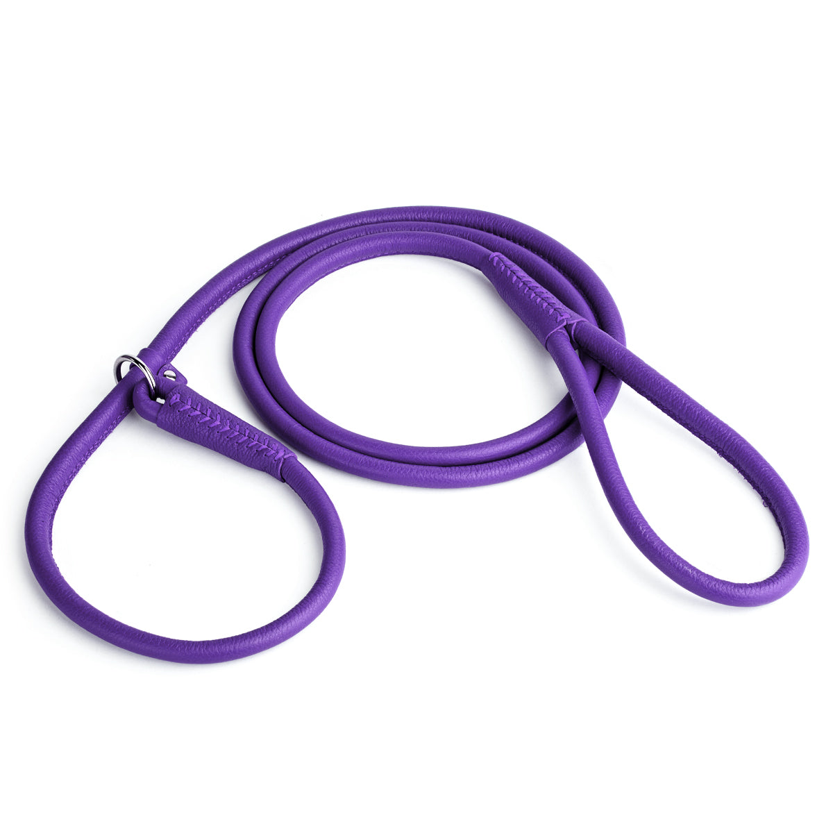Purple leather slip lead with metal stopper ring, 6 feet long