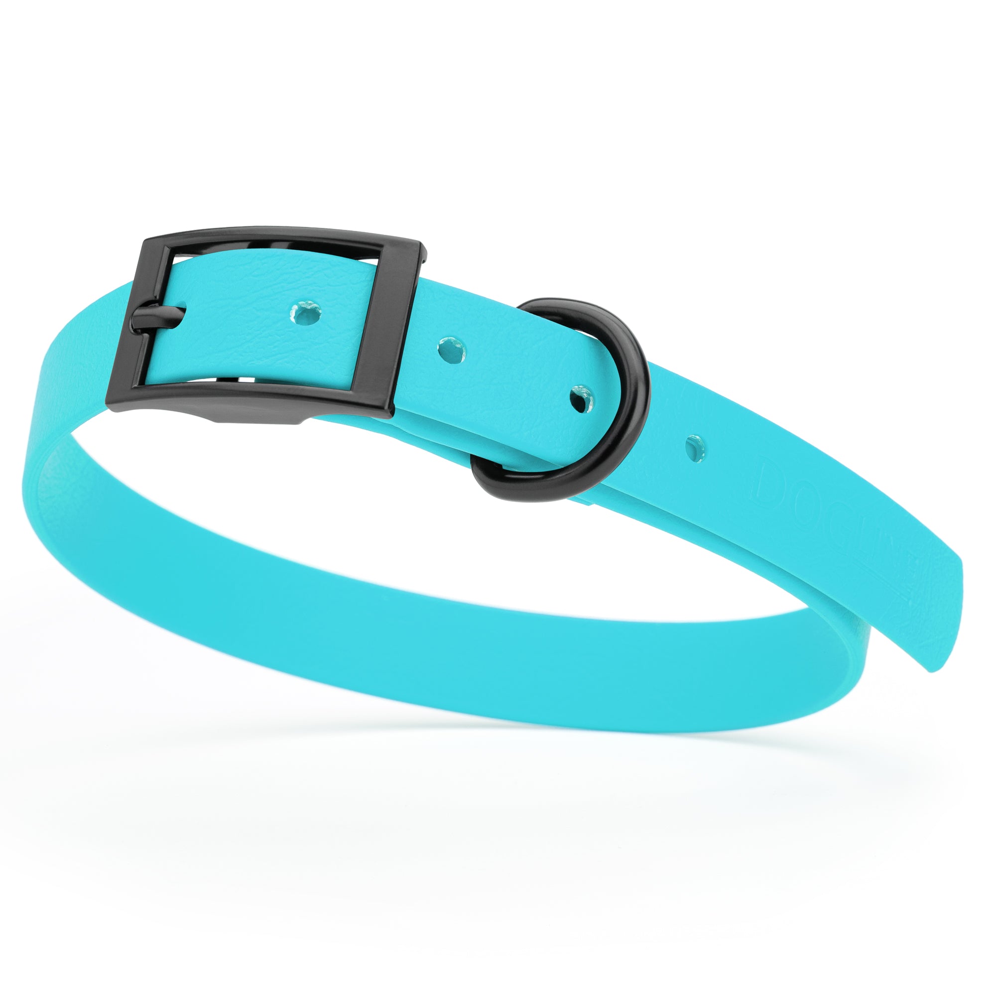 Sky Blue waterproof dog collar with black metal buckle and D-ring, made from BioThane, fits medium dogs