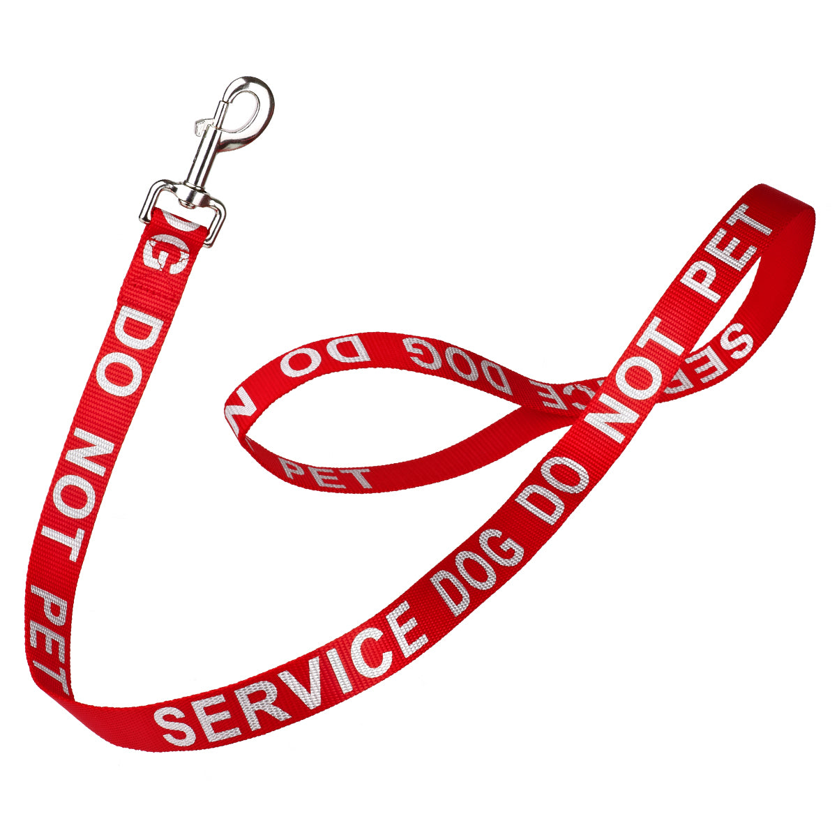 Red nylon dog leash with Service Dog Do Not Pet lettering reflective text