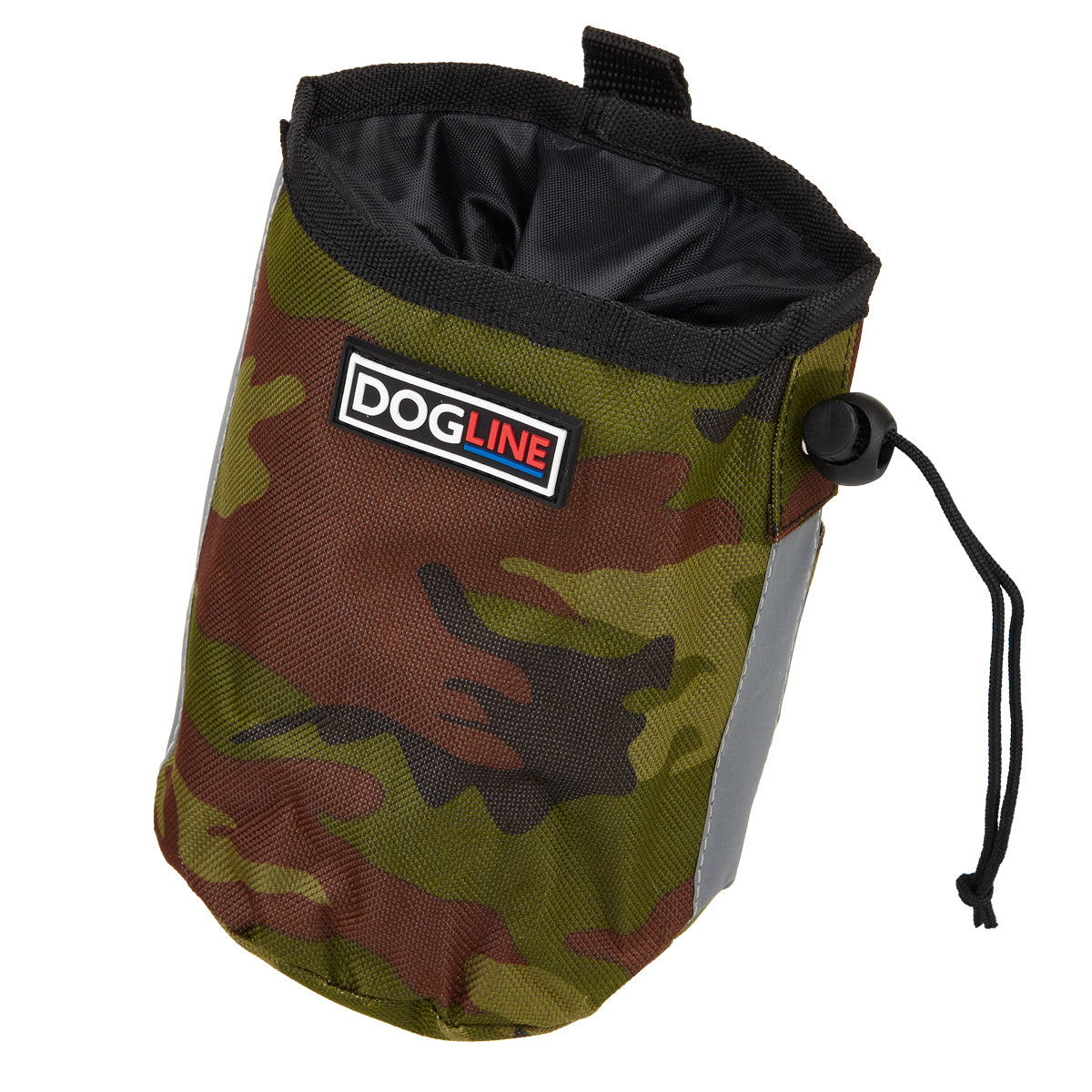 Green Camo dog treat pouch with drawstring, reflective strip and waste bag dispenser