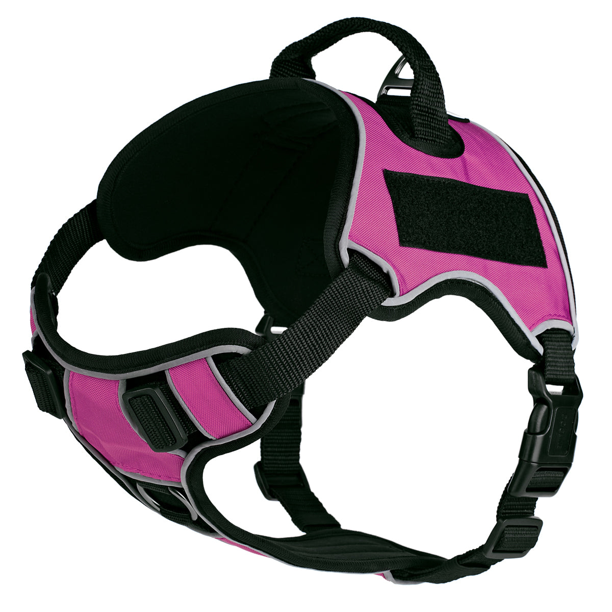 Pink dog harness with adjustable straps, quick release buckle, top handle and loop backing for two removable patches