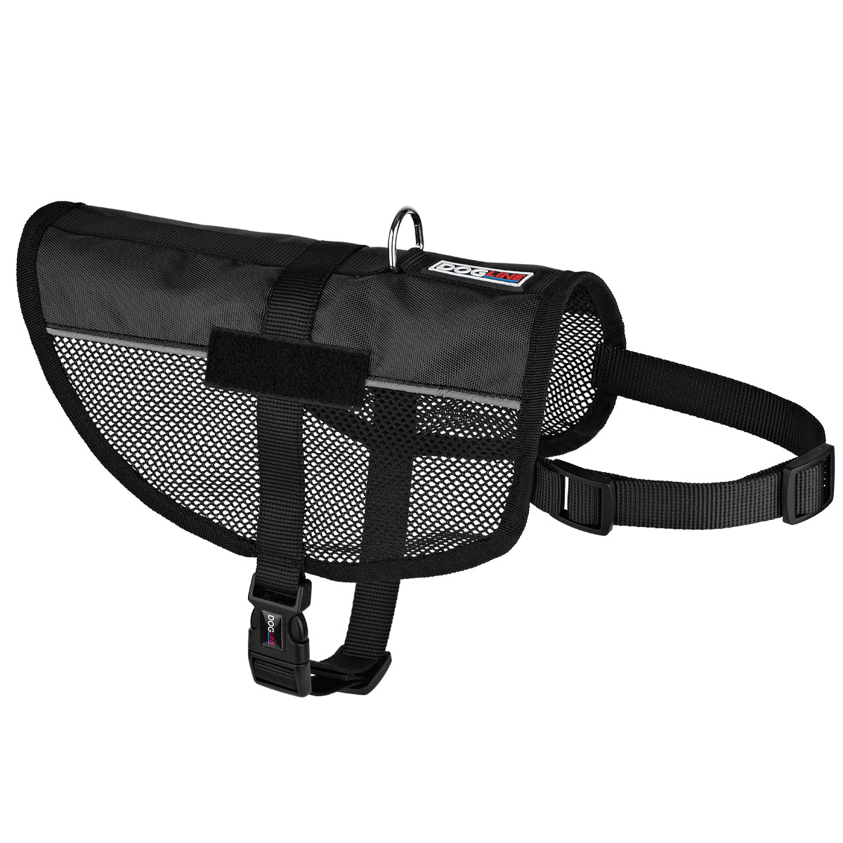 Black mesh dog vest harness with adjustable belly and chest straps, and loop backing for attaching two patches