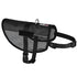 Black mesh dog vest harness with adjustable belly and chest straps, and loop backing for attaching two patches