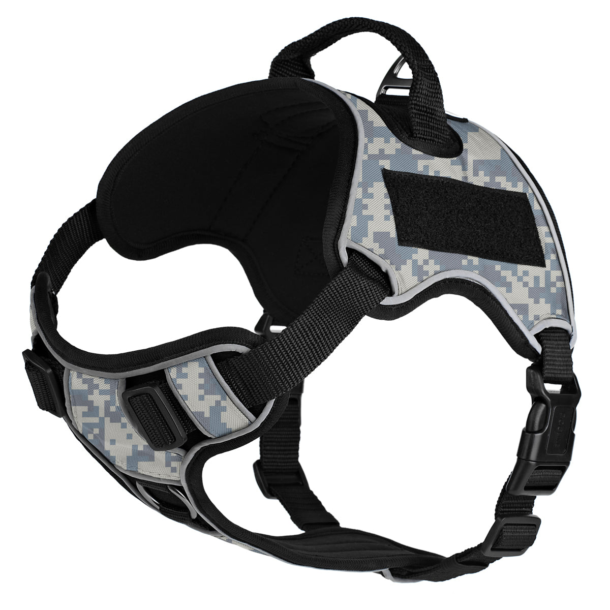 Urban Camo dog harness with adjustable straps, quick release buckle, top handle and loop backing for two removable patches