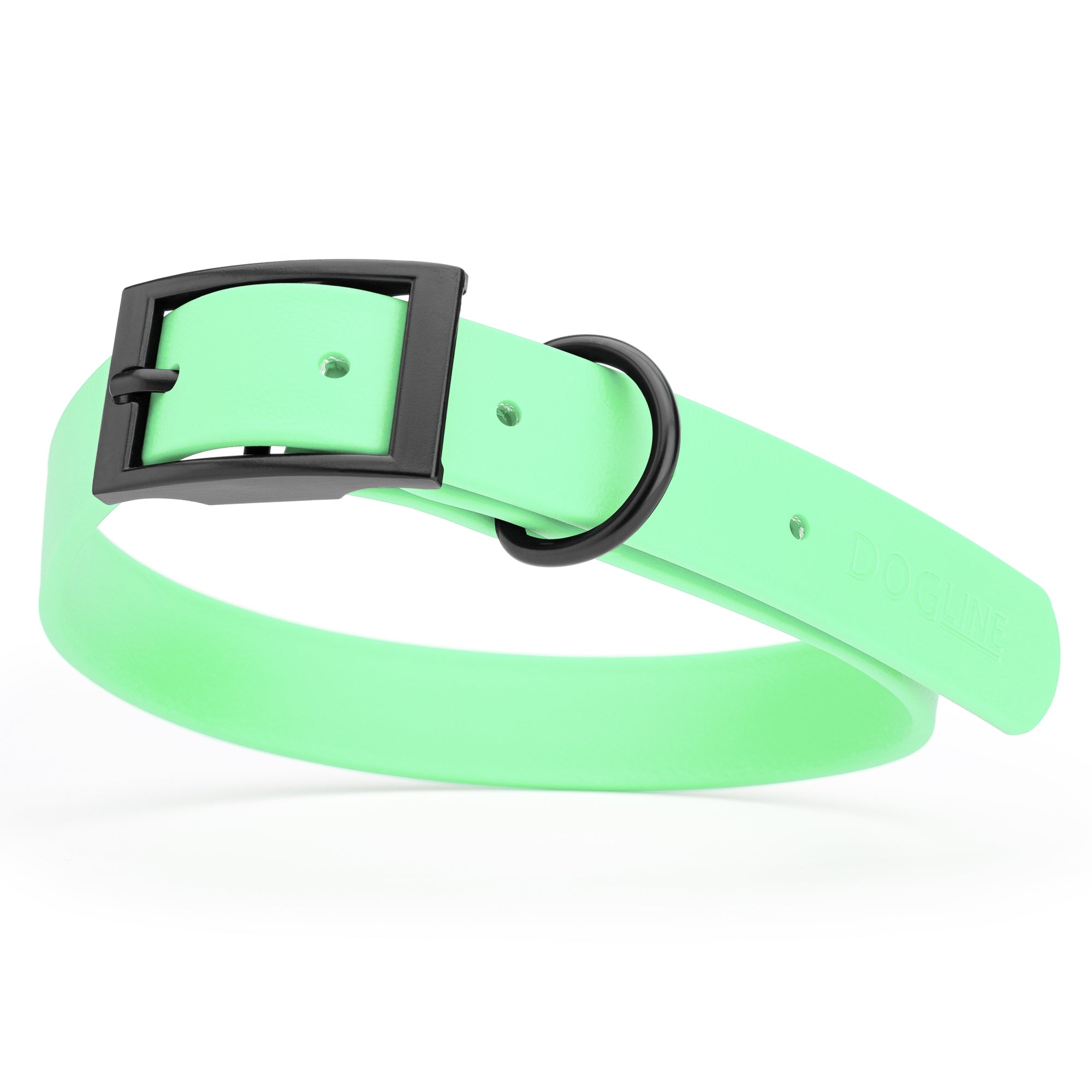 Waterproof Seafoam Green dog collar with black metal buckle and D-ring, made from Biothane, width: 1 inch, large