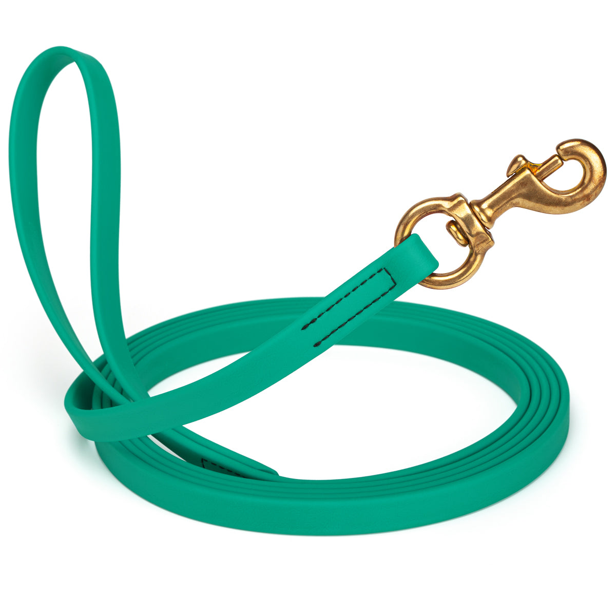 Teal waterproof dog leash, 20 ft long, 5/8 in wide, made from Biothane with brass hardware