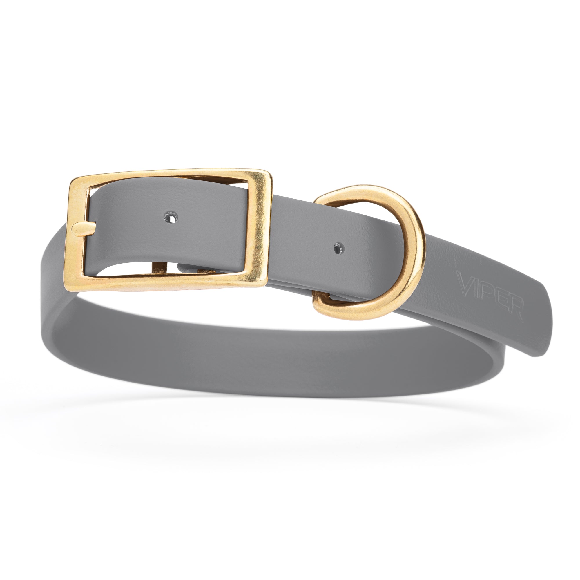 Battleship Gray dog collar with brass hardware, made from waterproof Biothane, 1-inch wide, fits large dogs