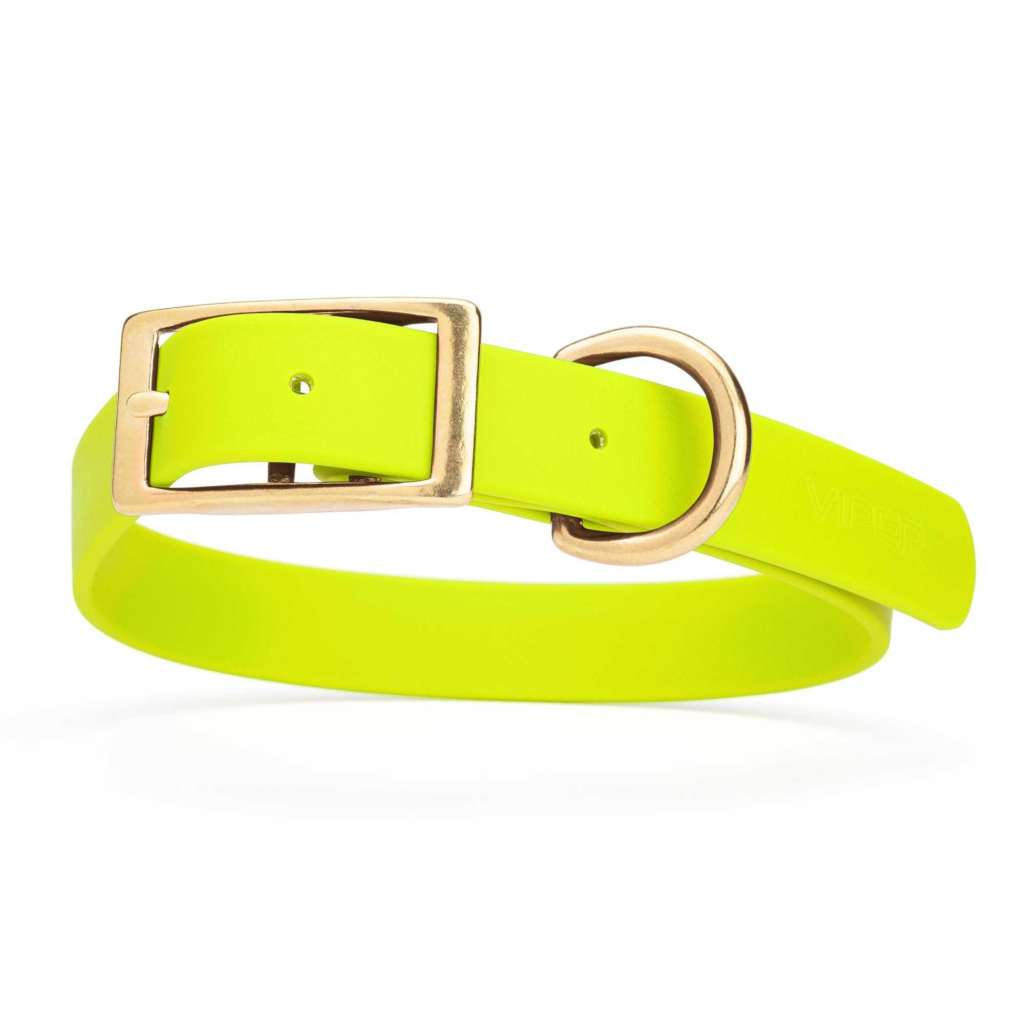 Safety Yellow dog collar with brass buckle and D-ring, made from waterproof Biothane, 1-inch wide, fits medium and large dogs