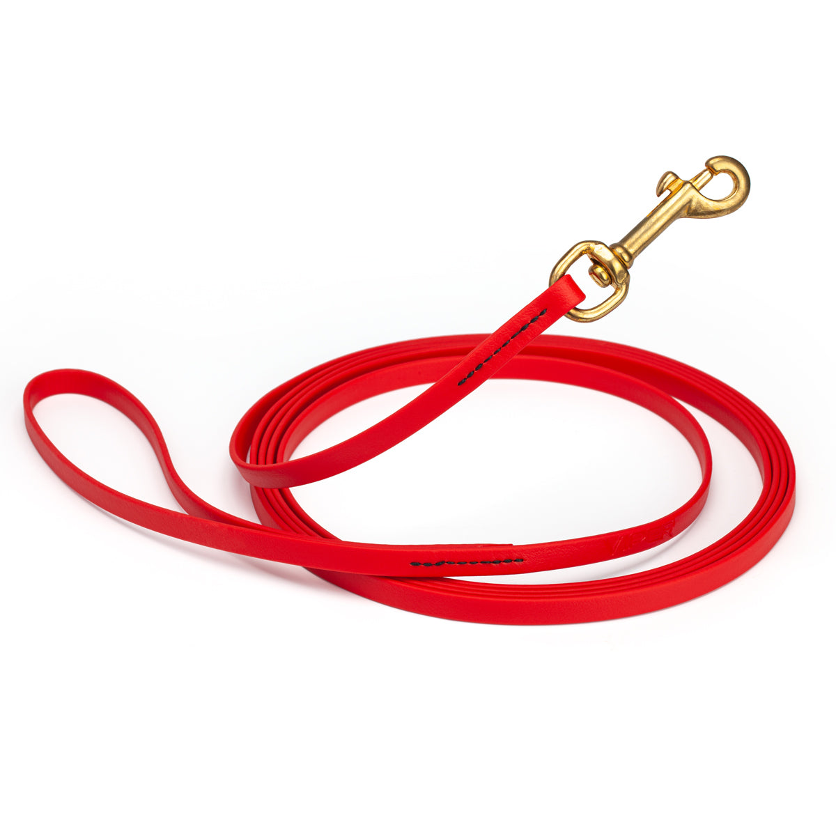 Waterproof Cherry Red dog leash, 20 ft long, 3/8 in wide, made from Biothane with brass hardware