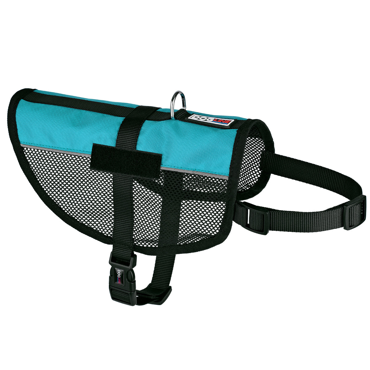 Turquoise mesh dog vest harness with adjustable belly and chest straps, and loop backing for attaching two patches