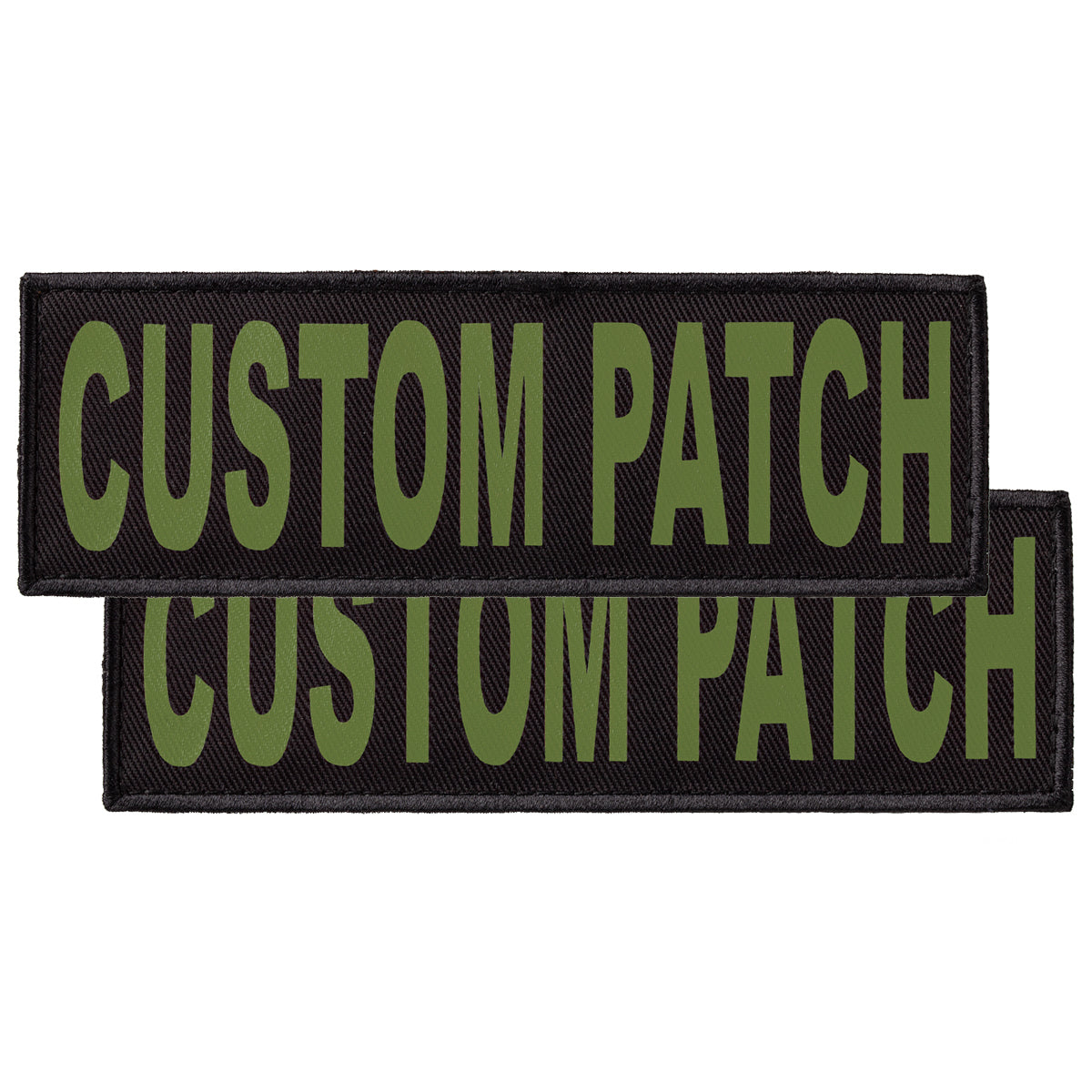 Custom Olive Drab text patches for dog vest, harness or collar, with hook backing for hook and loop fastener