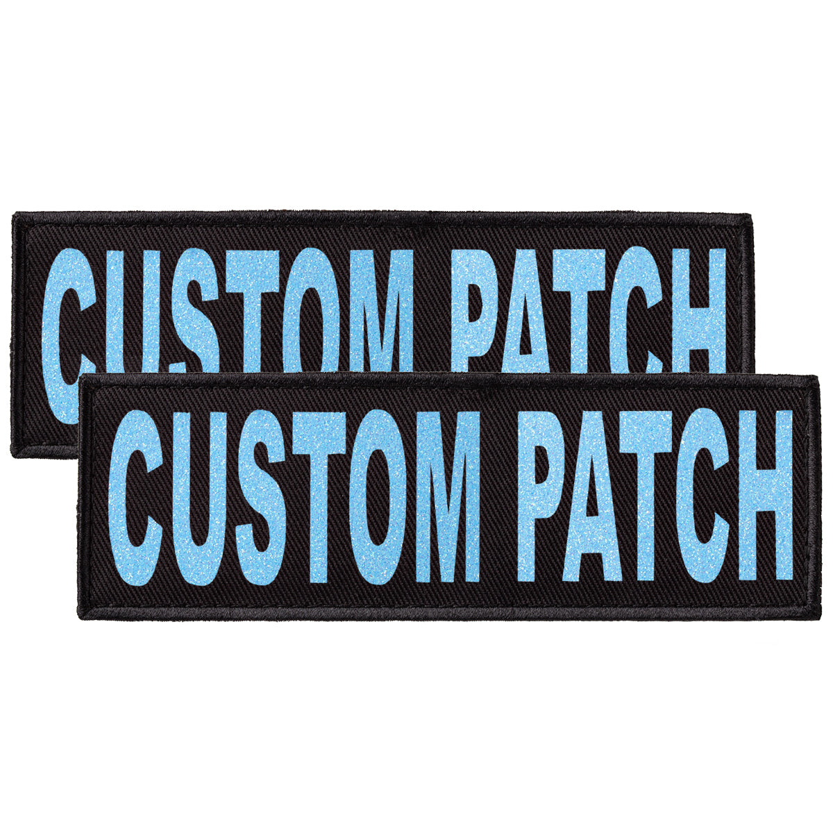 Personalized patch for dog harness, dog vest or dog collar with Blue Glitter lettering, hook and loop fastener type