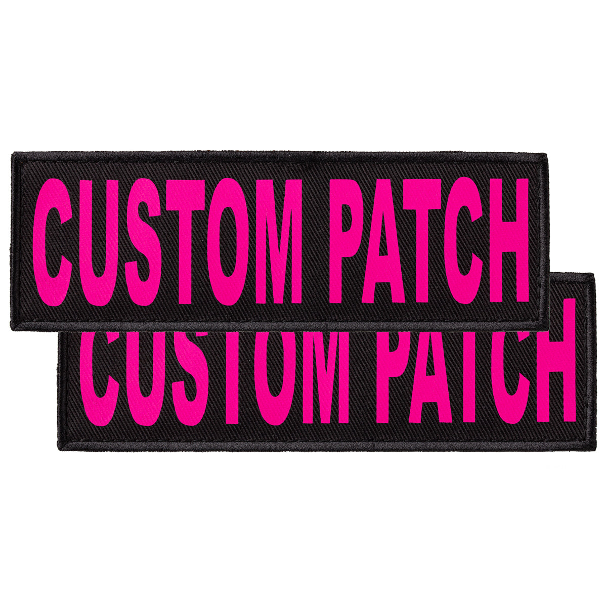 Custom Fluorescent Pink text patches for dog vest, harness or collar, with hook backing for hook and loop fastener