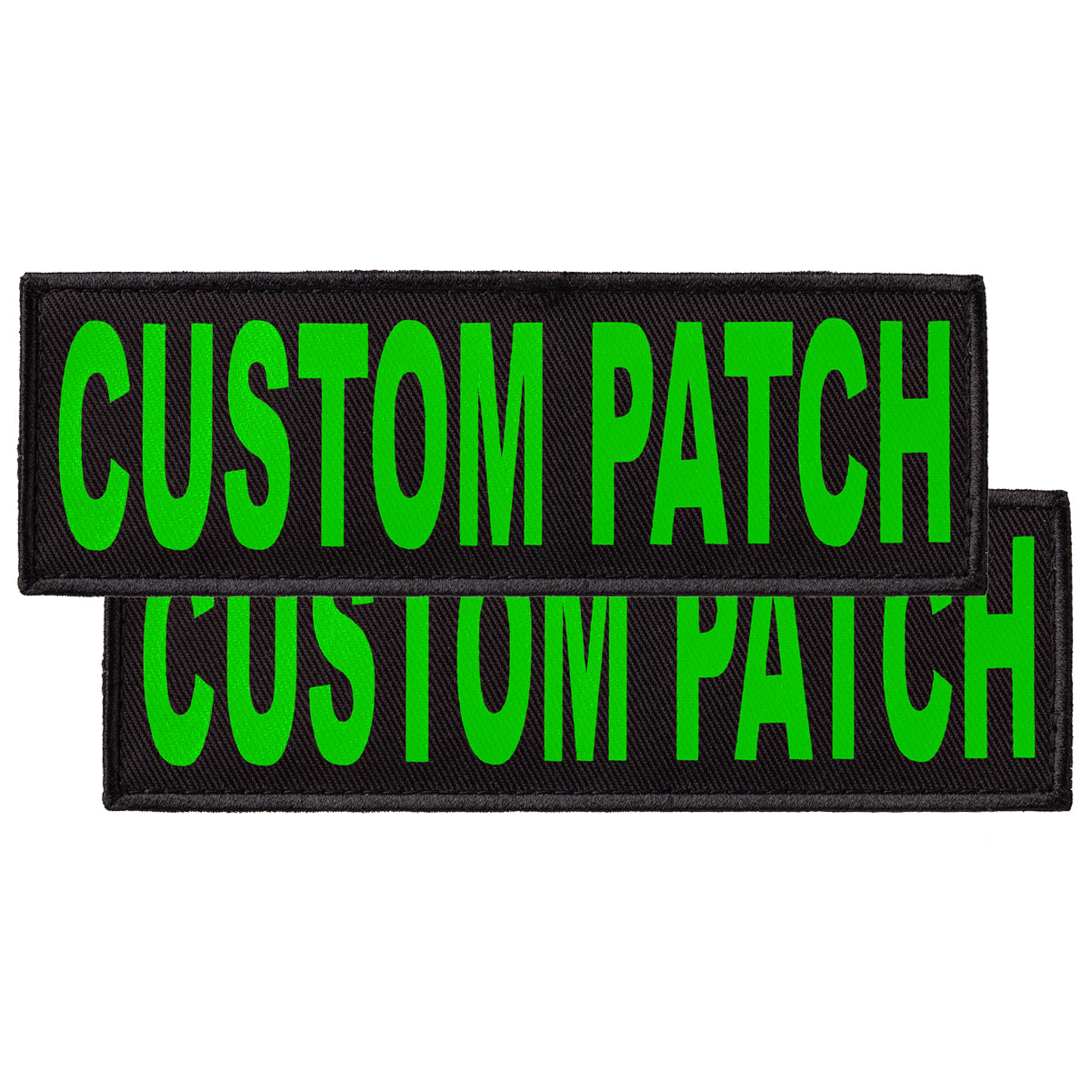 Custom Fluorescent Green text patches for dog vest, harness or collar, with hook backing for hook and loop fastener