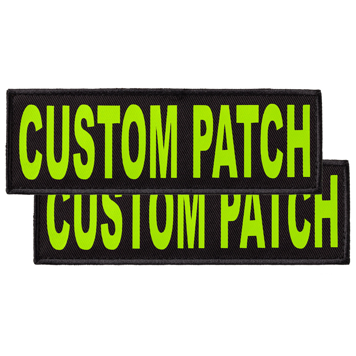 Custom Fluorescent Yellow text patches for dog vest, harness or collar, with hook backing for hook and loop fastener