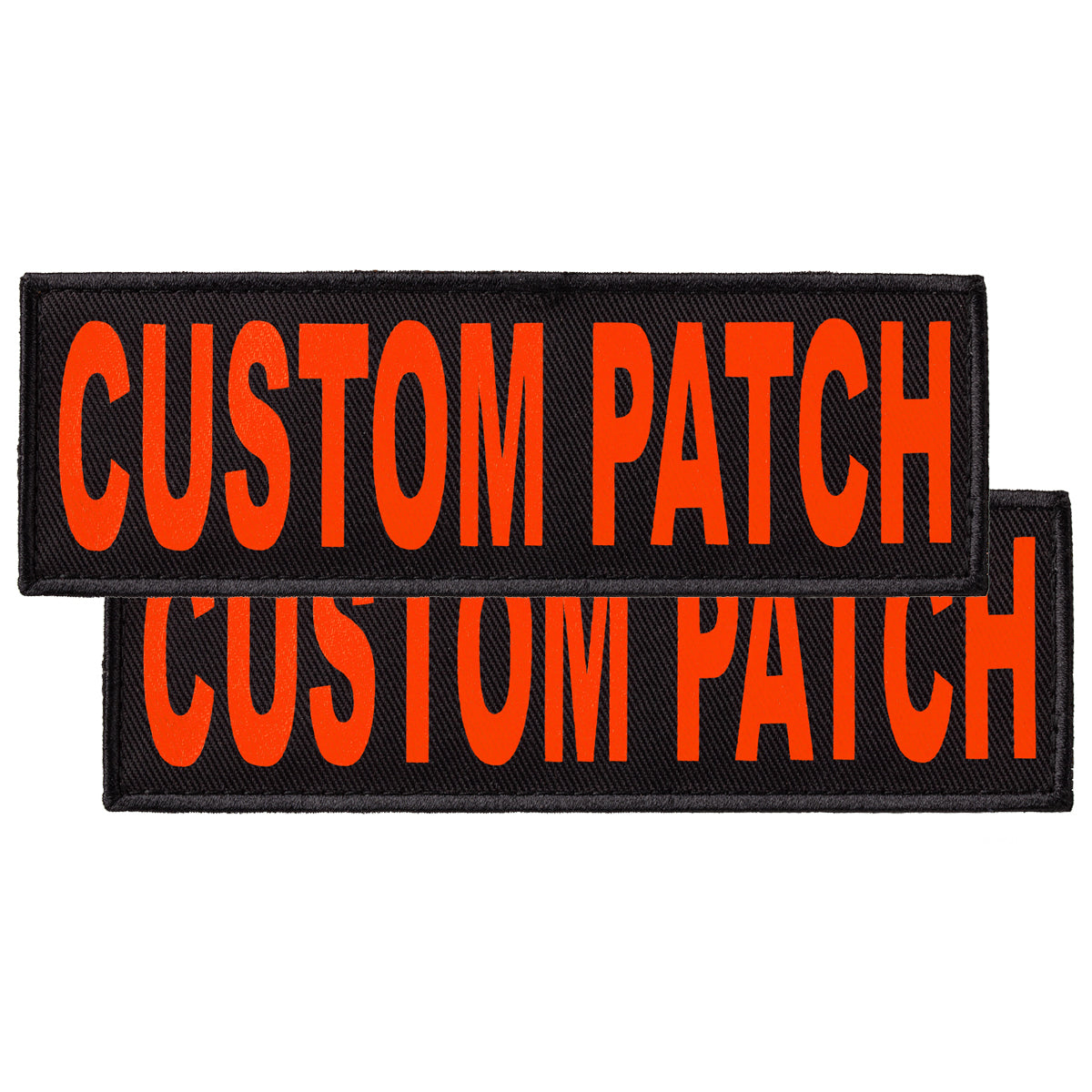 Custom Fluorescent Orange text patches for dog vest, harness or collar, with hook backing for hook and loop fastener