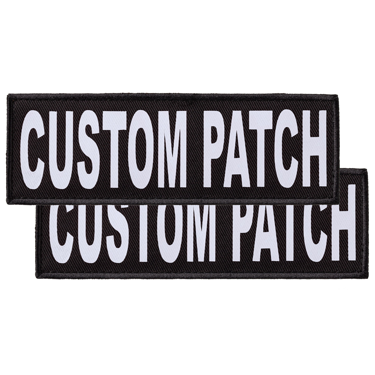 Custom Bright White text patches for dog vest, harness or collar, with hook backing for hook and loop fastener