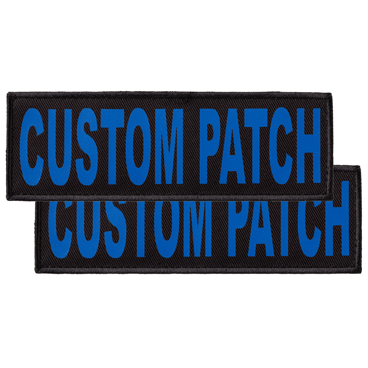 Custom Fluorescent Blue text patches for dog vest, harness or collar, with hook backing for hook and loop fastener
