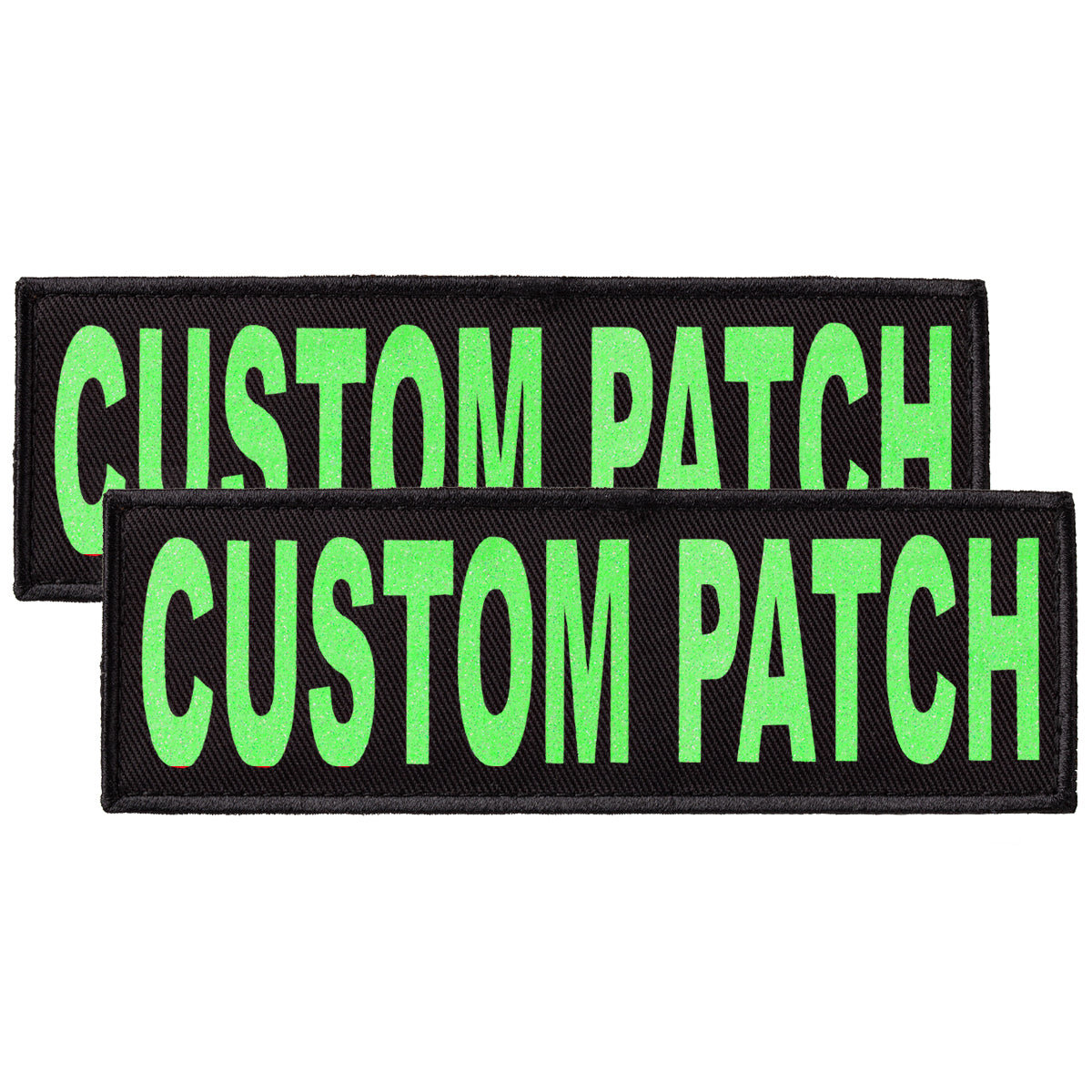 Personalized patch for dog harness, dog vest or dog collar with Green Glitter lettering, hook and loop fastener type