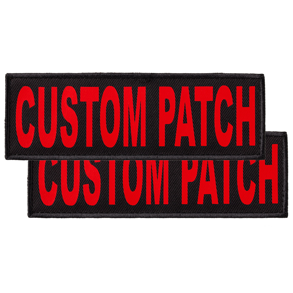 Custom Fluorescent Coral text patches for dog vest, harness or collar, with hook backing for hook and loop fastener