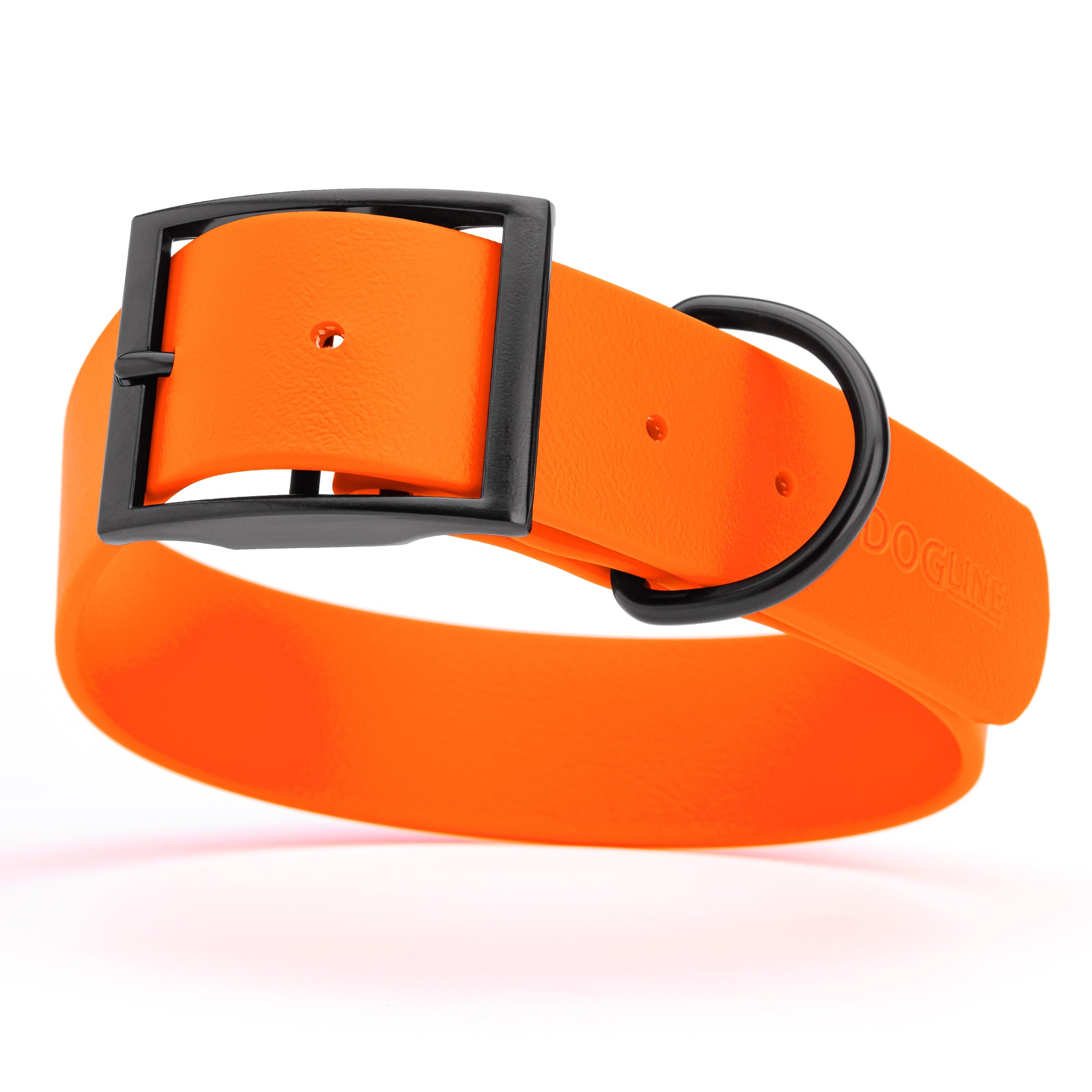 Hunter Orange Biothane waterproof collar for large and giant dogs, width 1.5 inches, black metal buckle and D-ring
