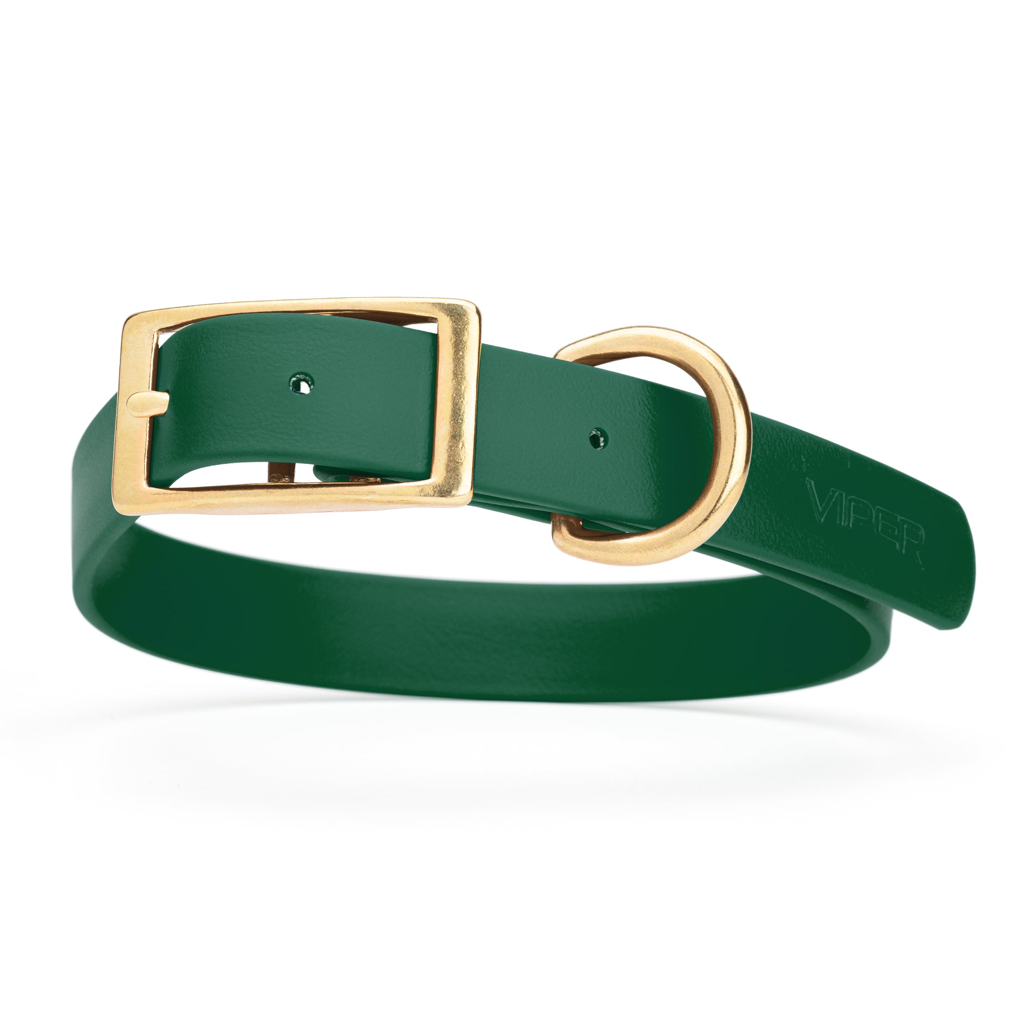 Hunter Green dog collar with brass buckle and D-ring, made from waterproof Biothane, 1-inch wide, fits medium and large dogs