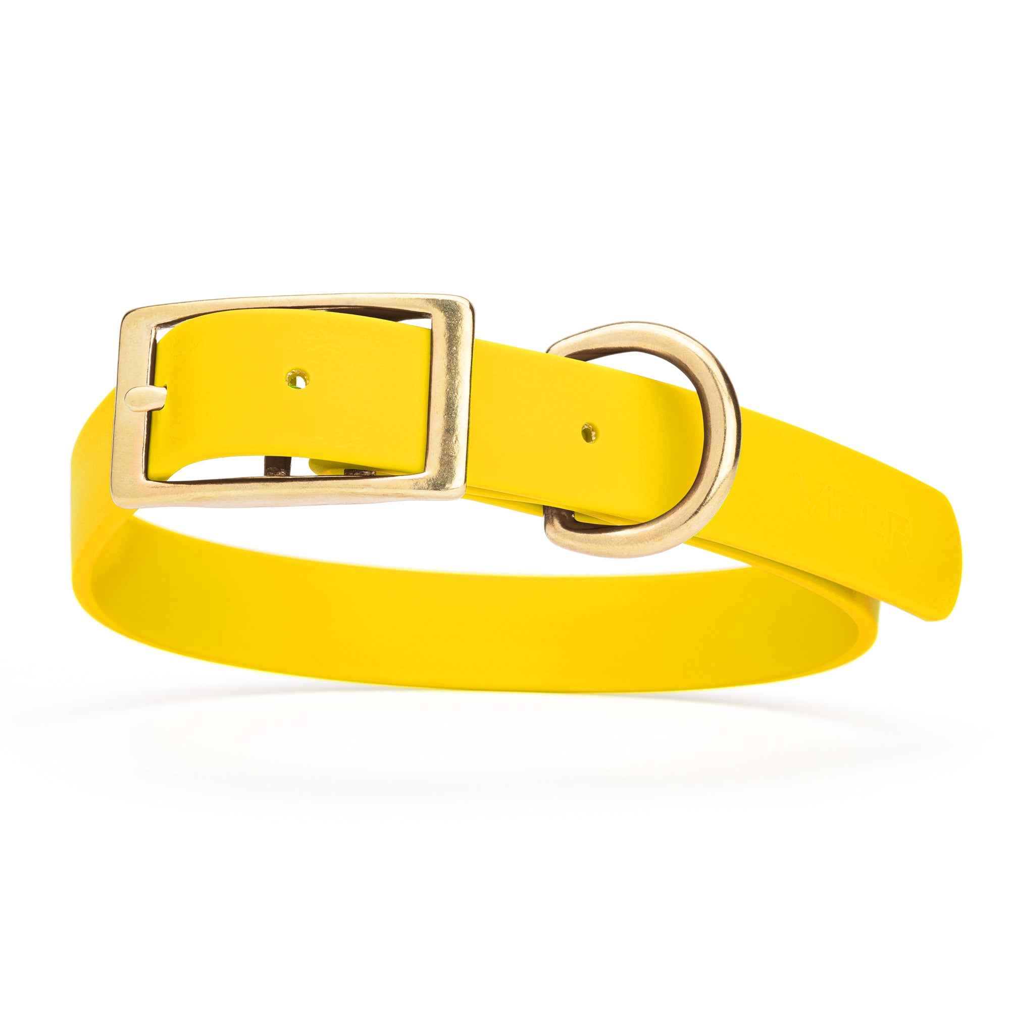 Lemon Yellow dog collar with brass hardware, made from waterproof Biothane, 1-inch wide, fits large dogs