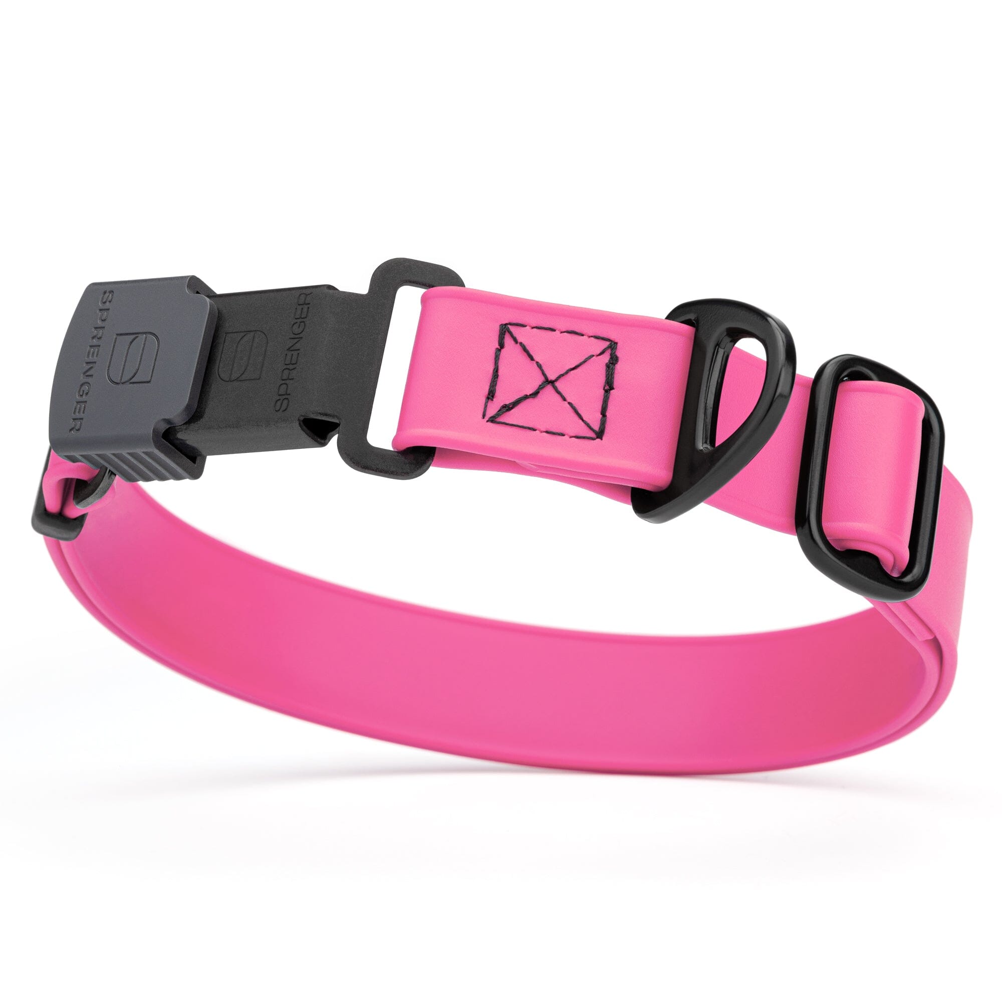 Passionfruit pink Biothane dog collar with black Herm Sprenger buckle and metal D-ring, waterproof and adjustable