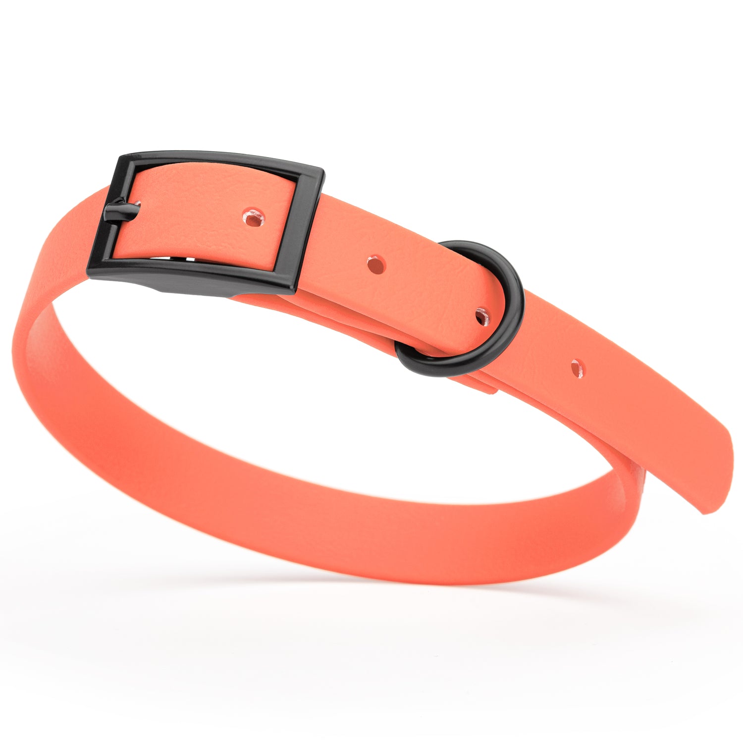 Coral Biothane dog collar with black metal buckle and D-ring, width 5/8 inches, fits small dogs