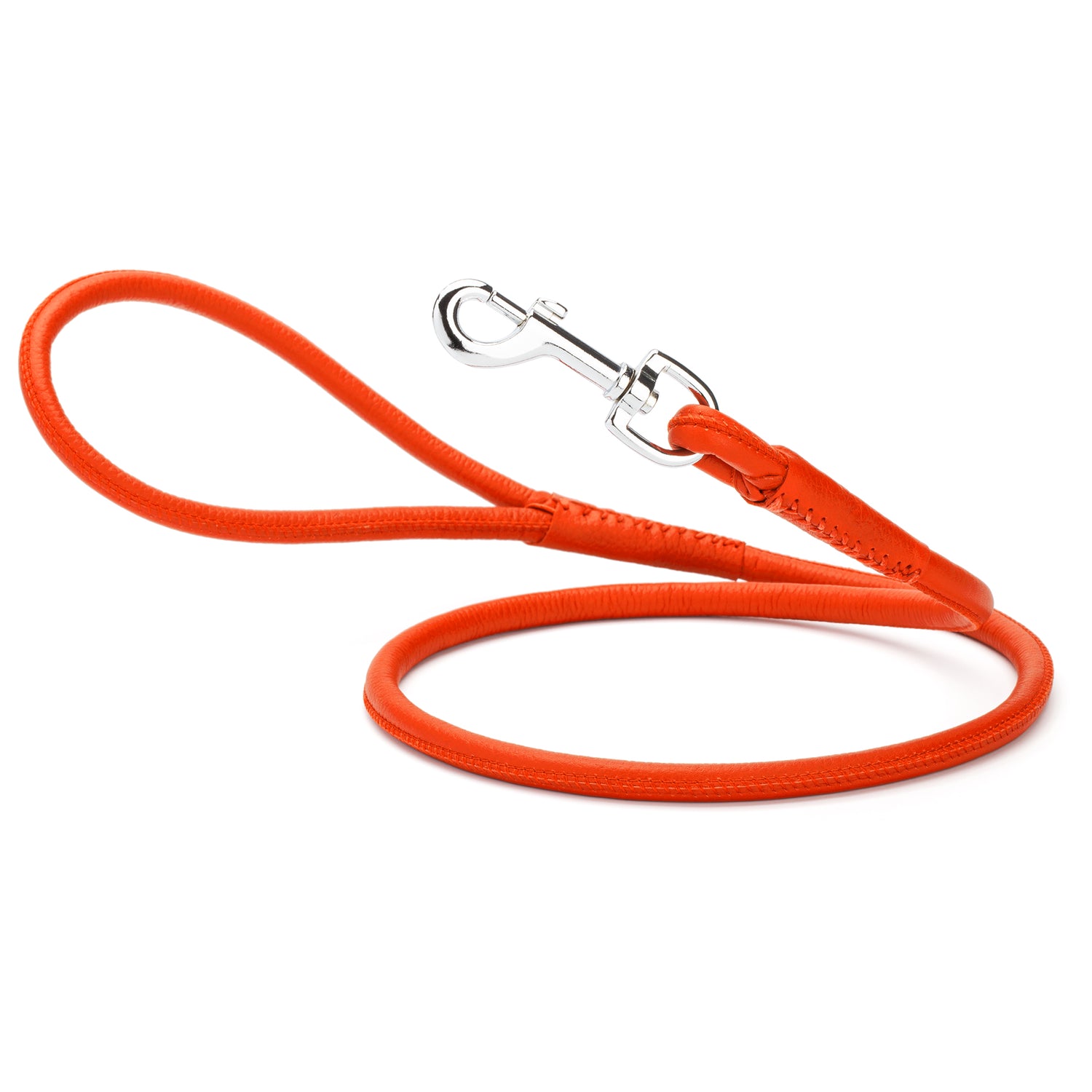 Orange leather dog leash with metal swivel snap hook, round design, 6 feet long