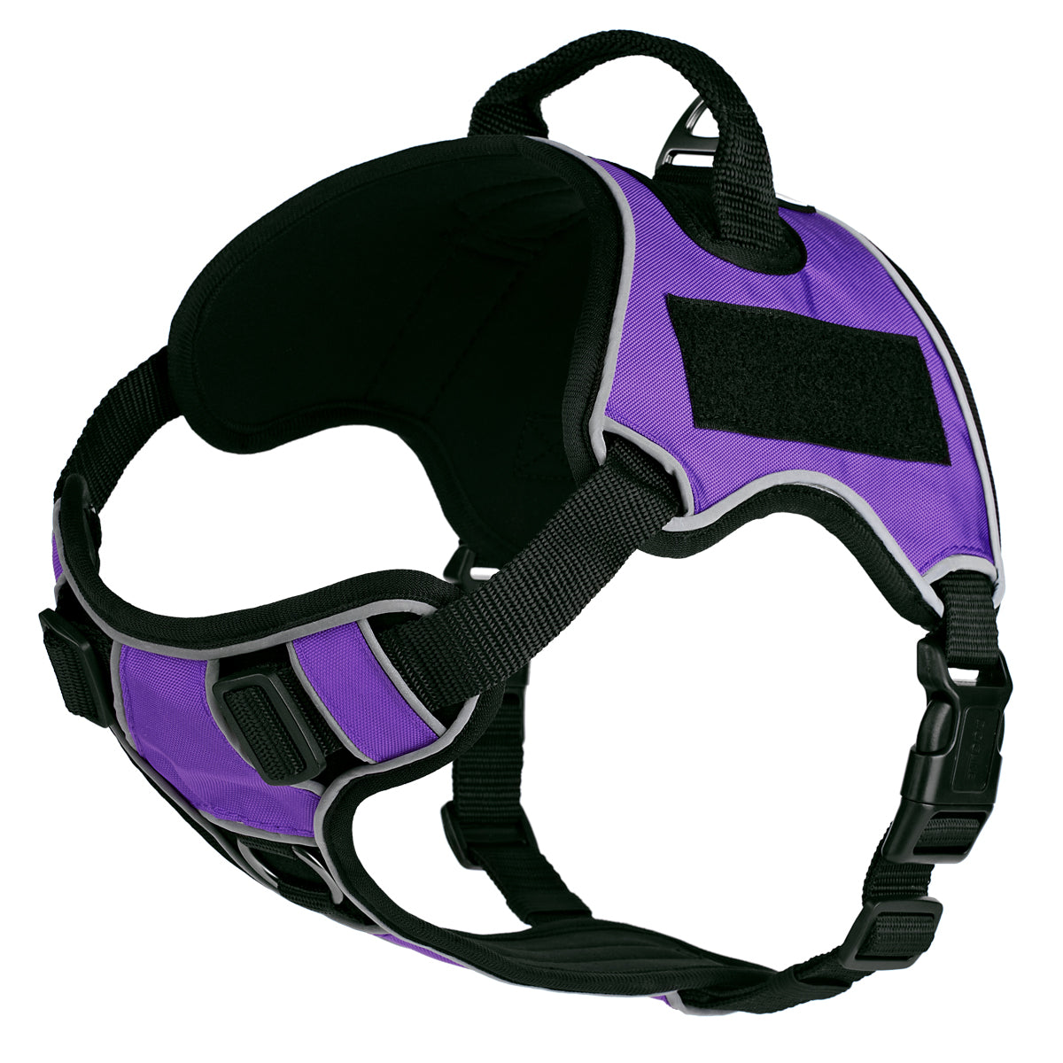 Purple dog harness with adjustable straps, quick release buckle, top handle and loop backing for two removable patches