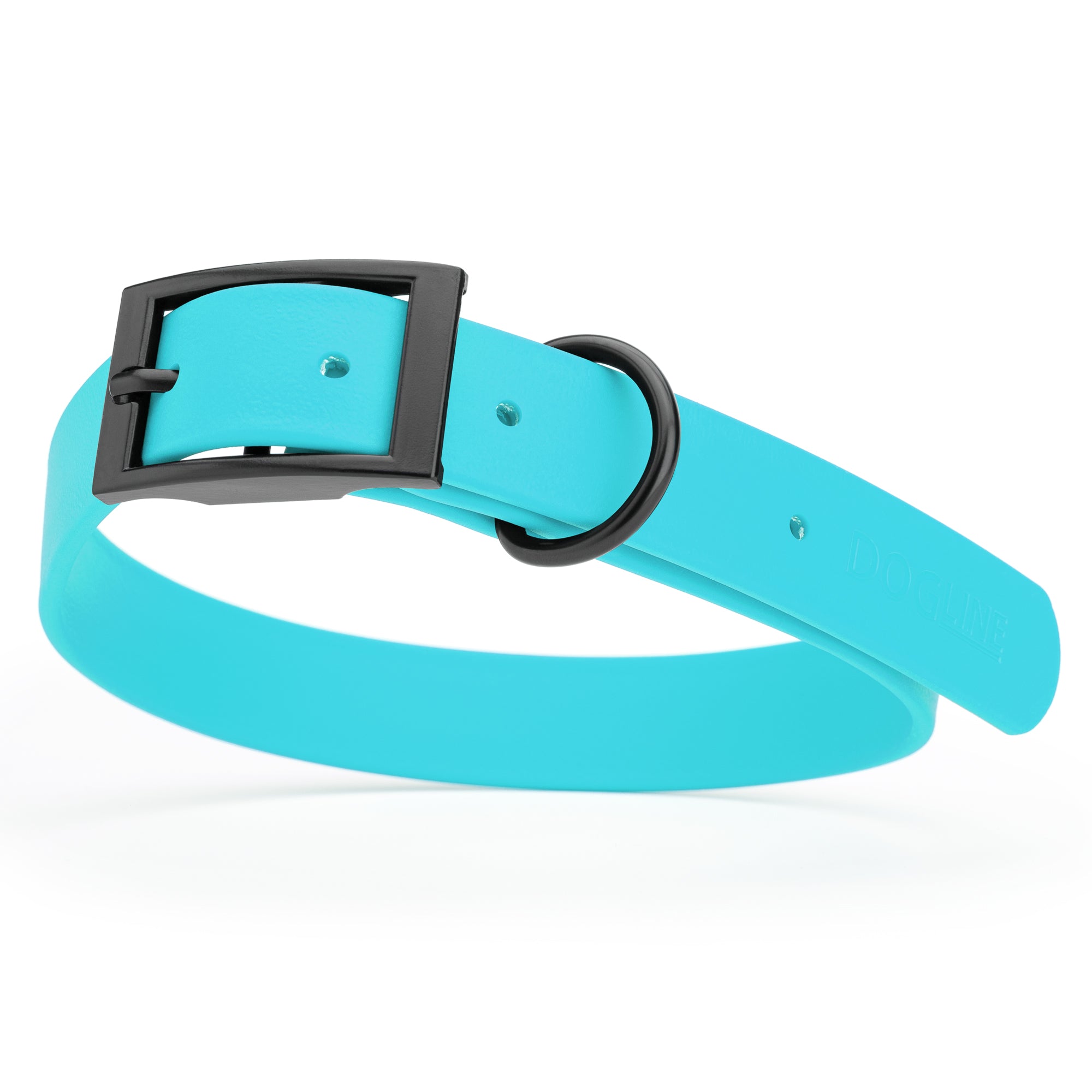 Waterproof Sky Blue dog collar with black metal buckle and D-ring, made from Biothane, width: 1 inch, large