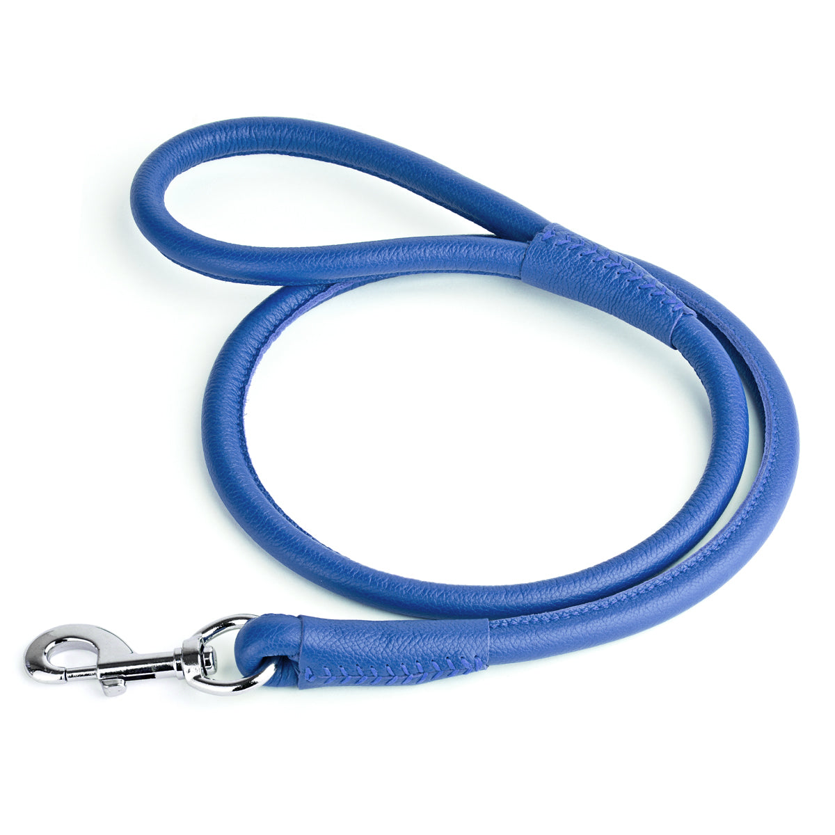 Blue leather dog leash with metal swivel snap hook, round design, 4 feet long