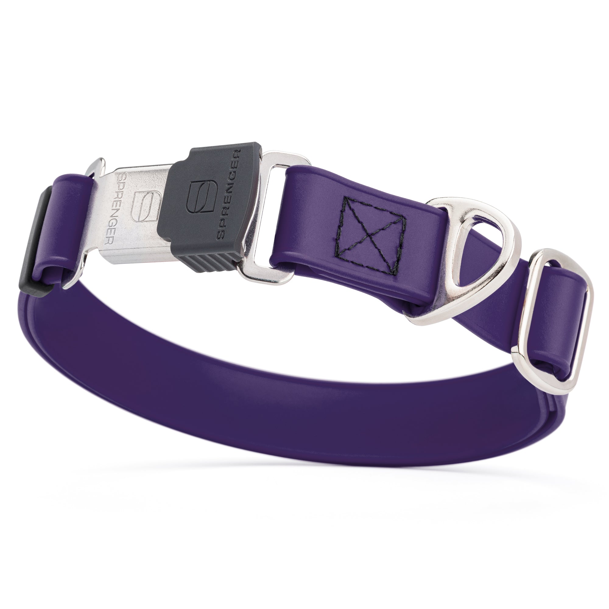 Violet purple dog collar with stainless steel Herm Sprenger buckle and metal D-ring, made from waterproof Biothane, adjustable