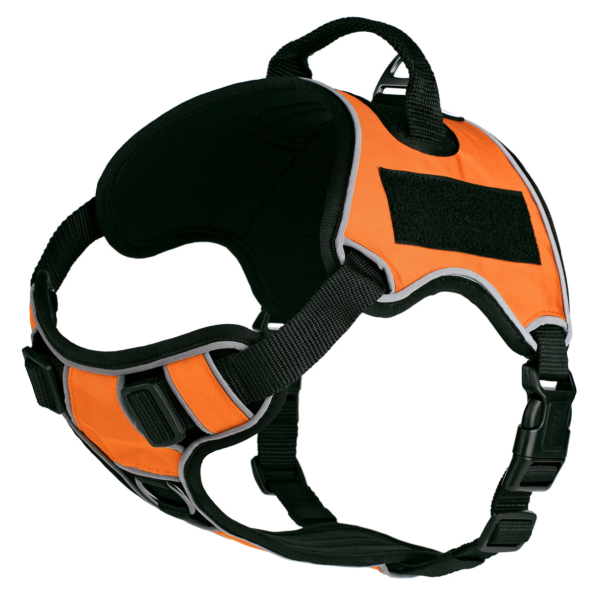 Orange dog harness with adjustable straps, quick release buckle, top handle and loop backing for two removable patches