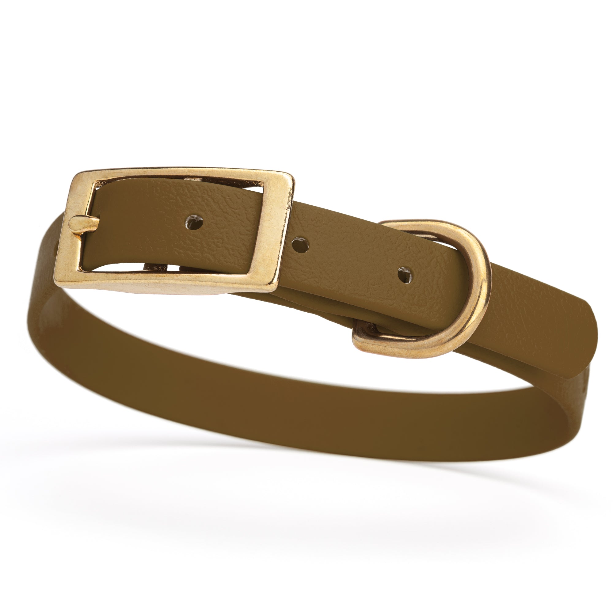Coyote Brown collar for small dogs with brass buckle and D-ring, made from waterproof and smell proof Biothane, width 3/4 inch