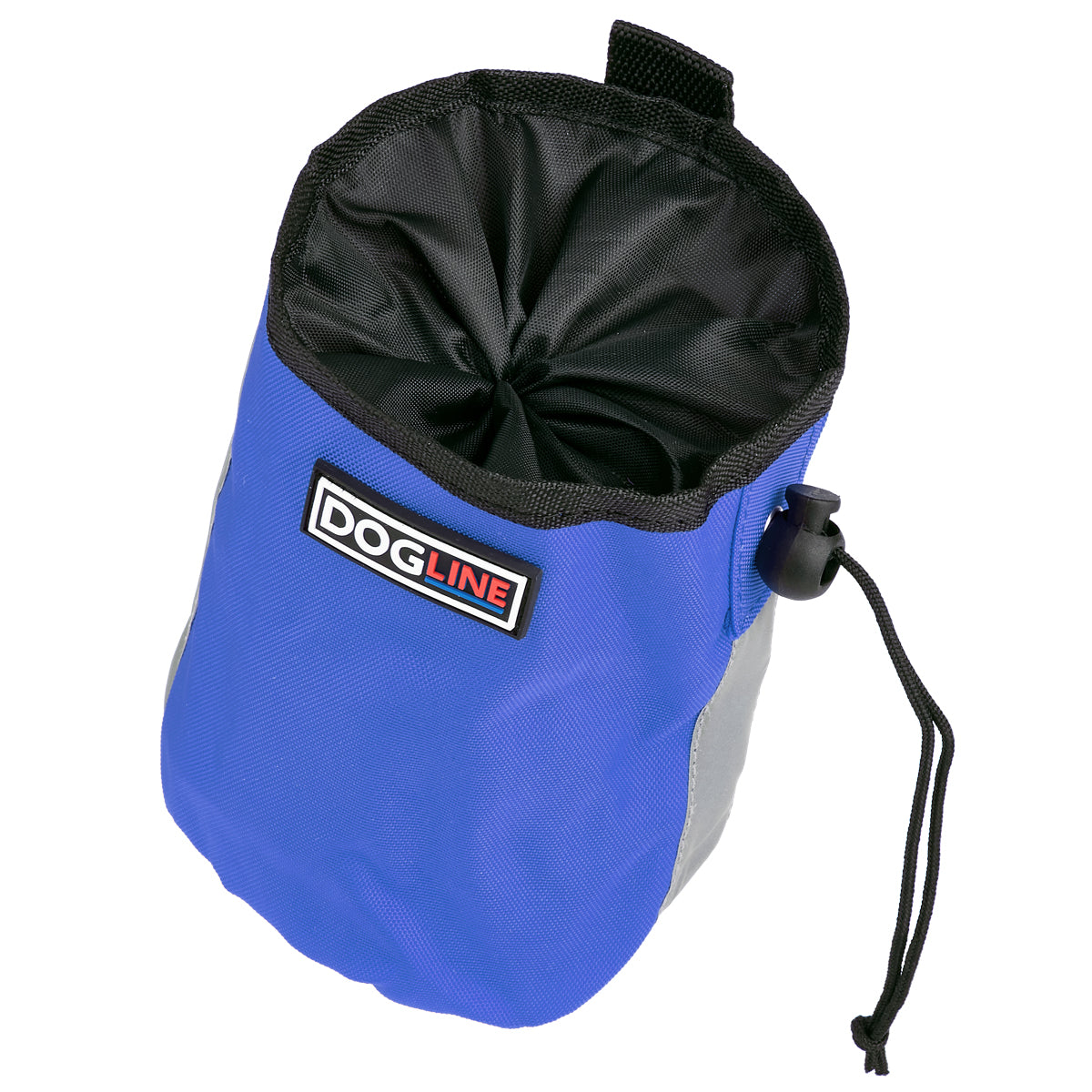 Blue dog treat pouch with drawstring, reflective strip and waste bag dispenser