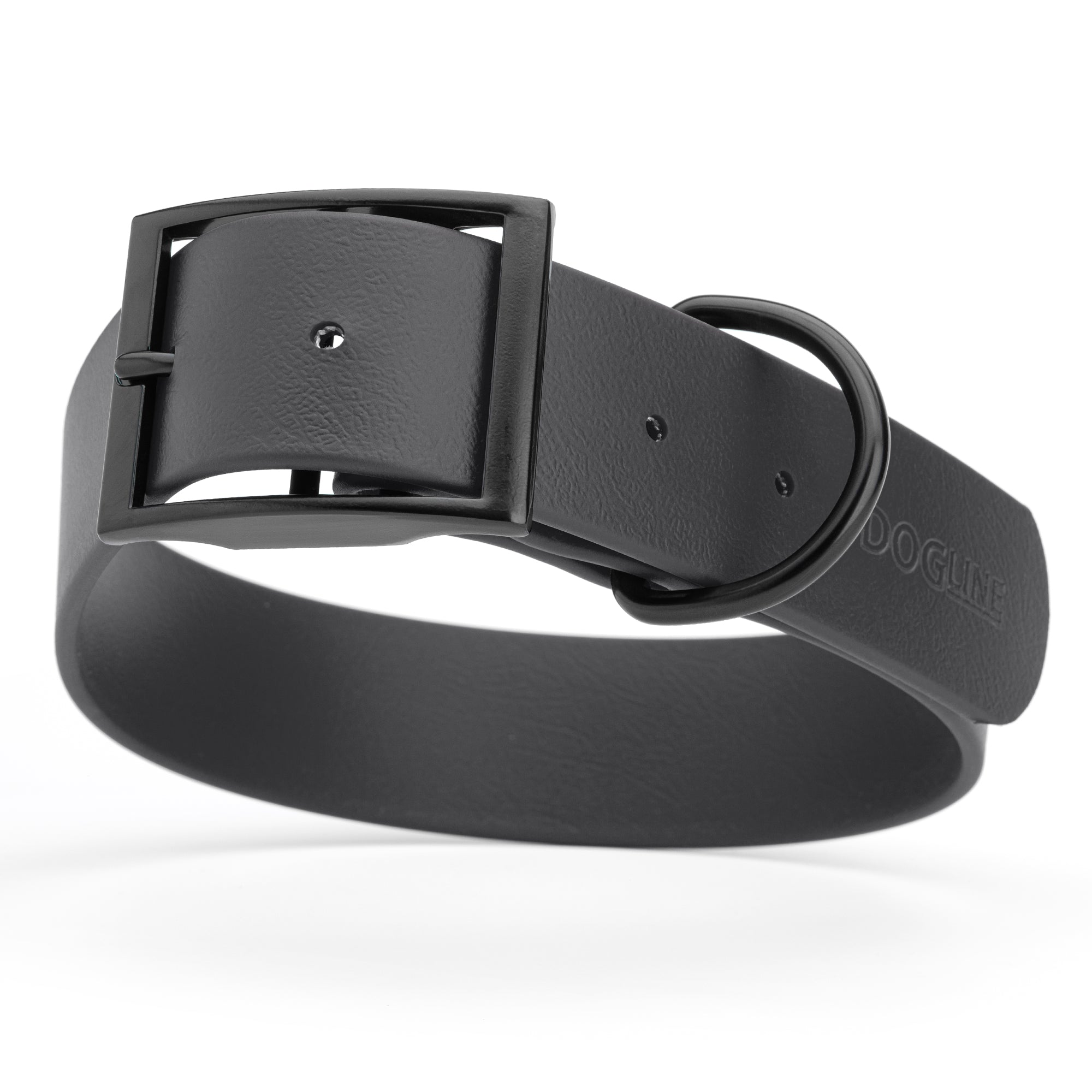 Black waterproof collar for large dogs, 1.5 inches wide, made from Biothane, with black metal hardware